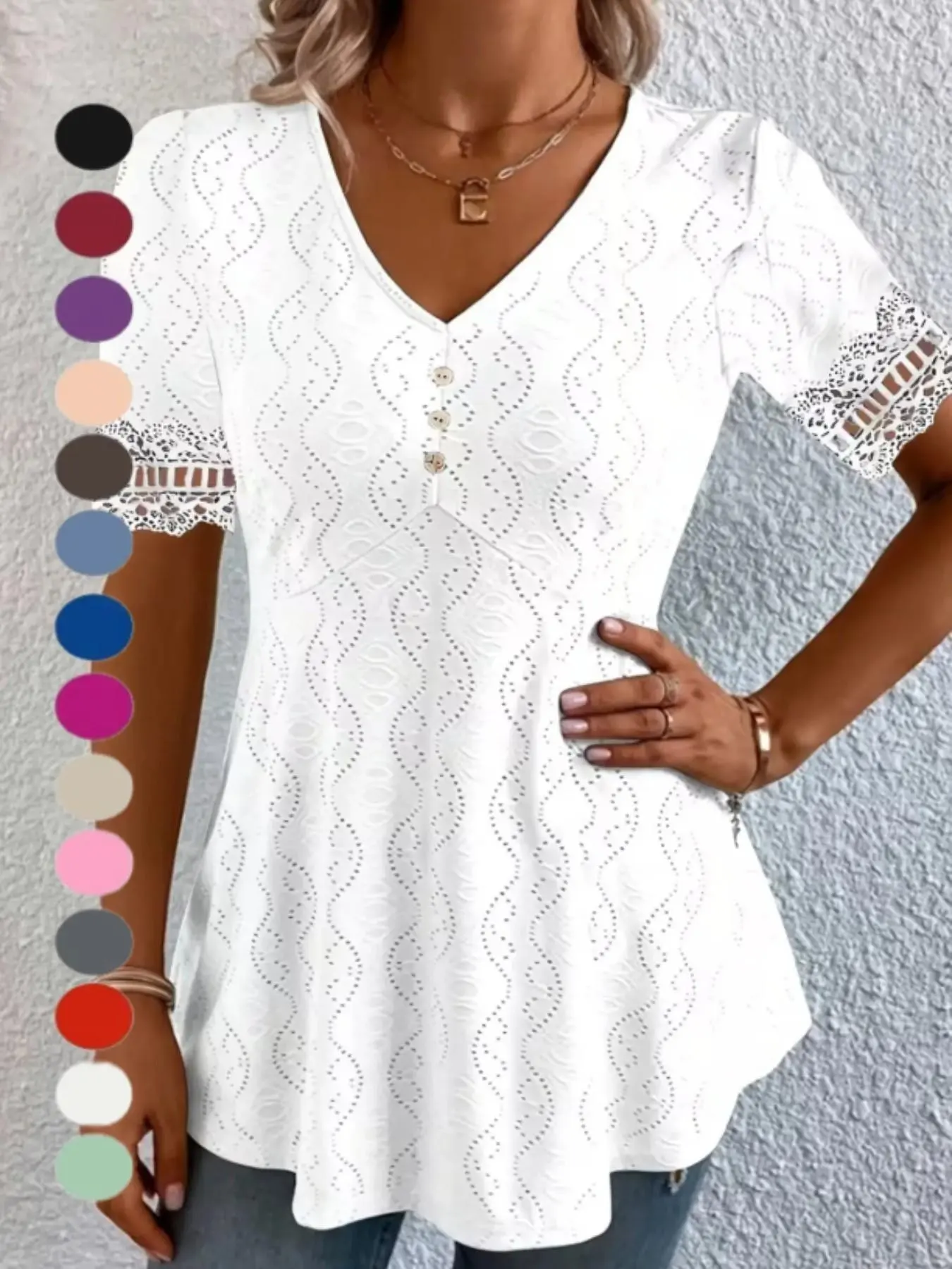 2026 New Summer Women's V Neck Embroidered Lace Hollow Out Waist Top, Short Sleeve T-Shirt, Casual Loose-Fitting, Aesthetic, All Seasons