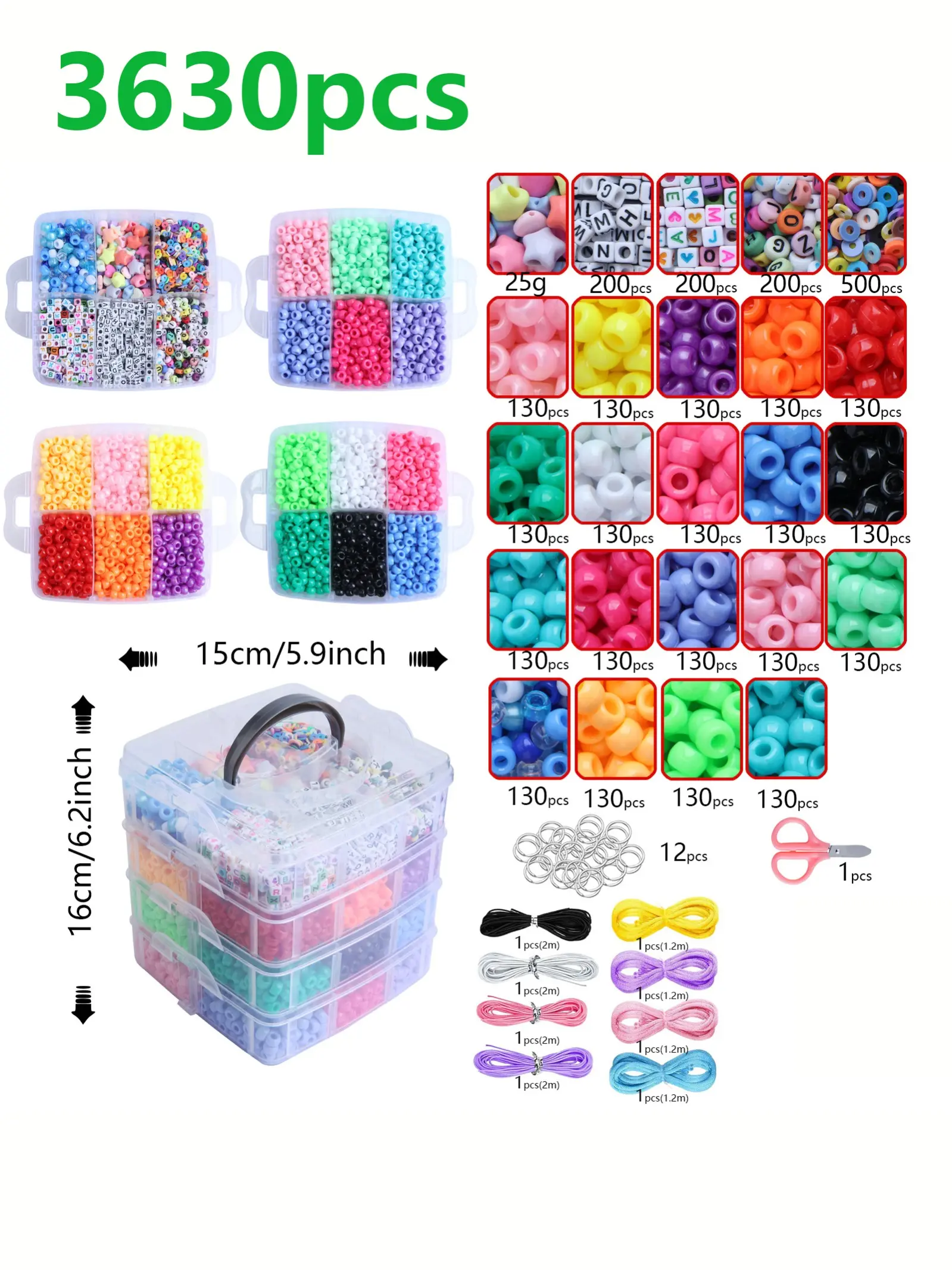 3630 Piece Bead Making Kit, Stacking Storage Box, Colorful Horse Beads, Letter Beads, Elastic Thread, Scissors, Jump Rings, DIY Friendship Bracelets, Beading Accessories