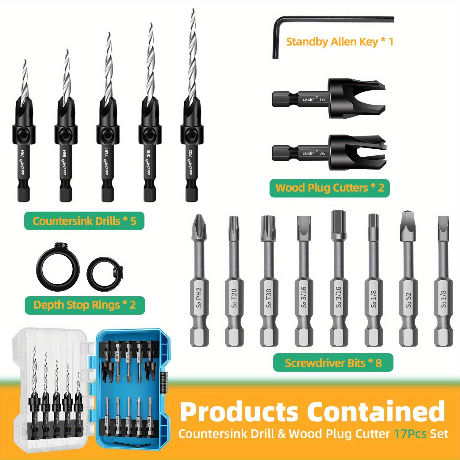 SENDRILL 17pcs Countersink Drill Bits Set, Tapered Drill Bits For Wood, With Phillips Screwdriver Bits, 2PCS Wood Plug Cutter, HSS, Precision Depth Control, 1/4" Hex Shank Quick Change for Woodworking with Storage Box (with One L-Wrench)