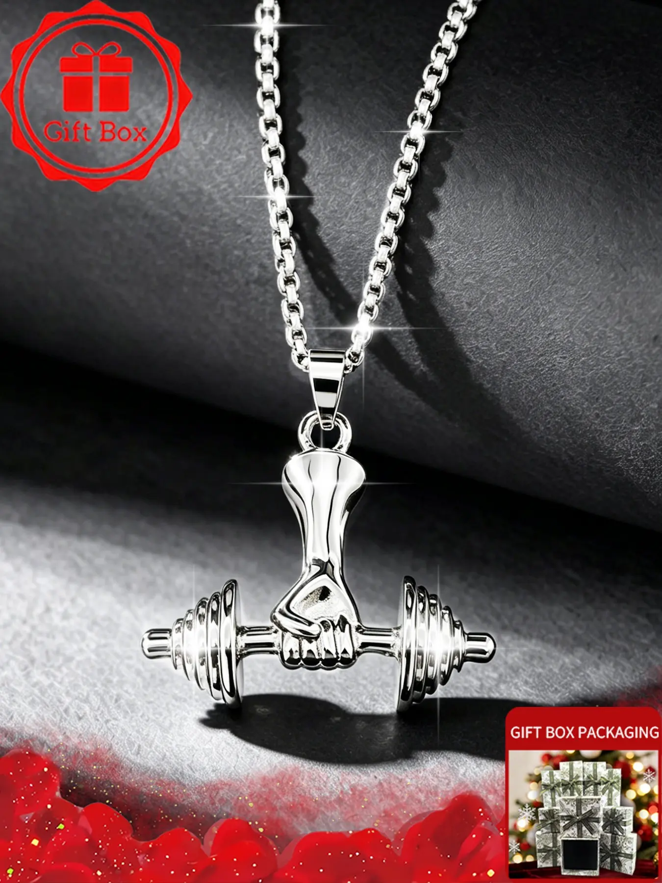 Aesthetic Silver Dumbbell Necklace with Gift Box, Vintage Fist Gym Weightlifting Choker, Punk Box Chain Jewelry for Men Women, Unisex Sporty Outfits Clothing Accessories, Birthday Christmas Valentine Graduation Gift Present for Boyfriend Son Husband