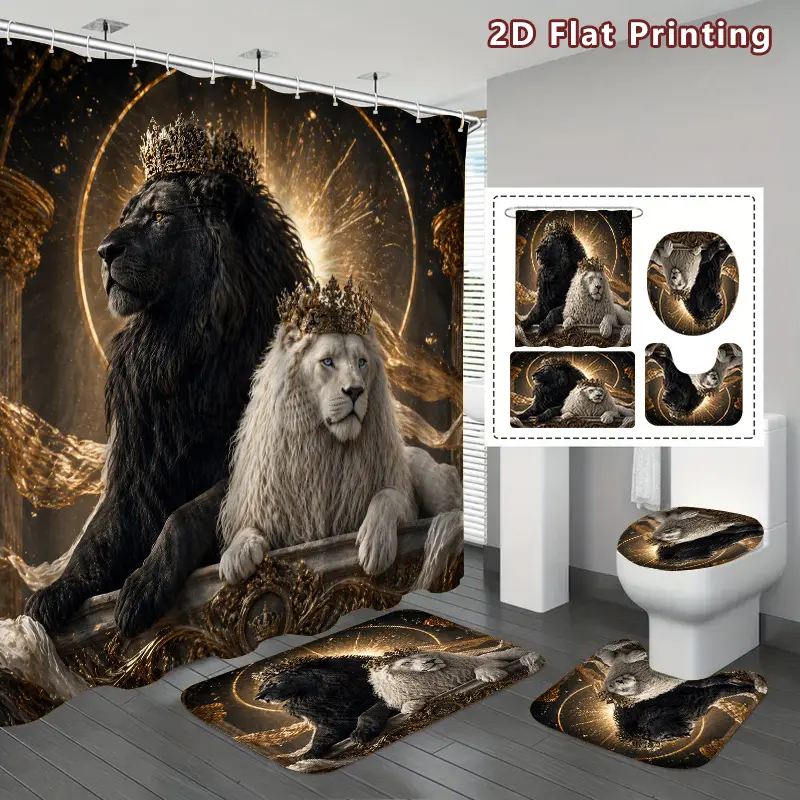 4-piece royal lion shower curtain set with rugs, black and white and gold crowned lion bathroom decoration, accessories include floor mats, U-shaped mats, toilet cover covers, shower curtains with hooks, lion lovers, home decoration, bathroom accessories
