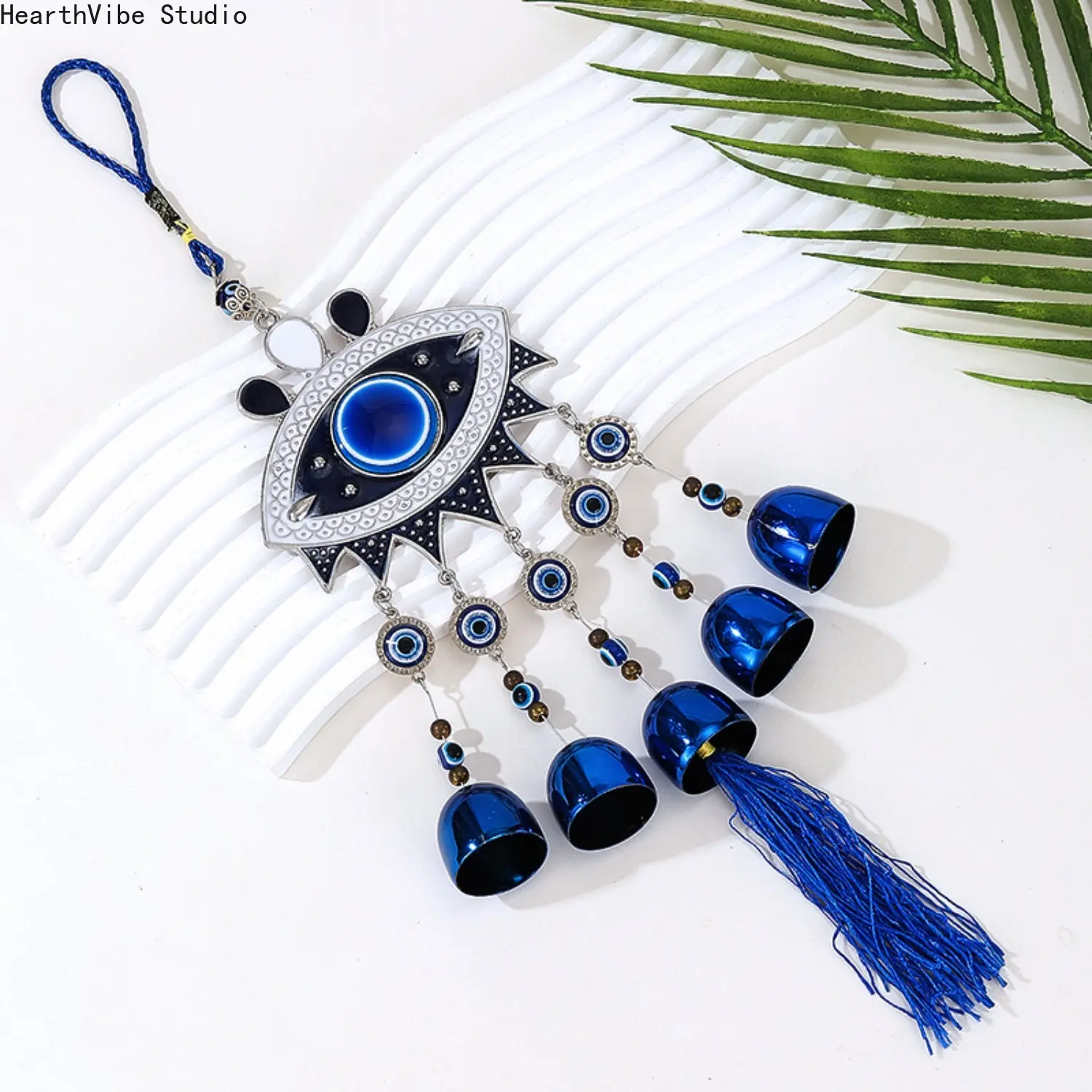 Evil Eye Wind Chimes Hanging Decor, Blue Nazar Protection Ornament with Metal Bells and Tassel, Lucky Wall Hanging Charms for Home Room Office, Aesthetic Car Rearview Mirror Accessories