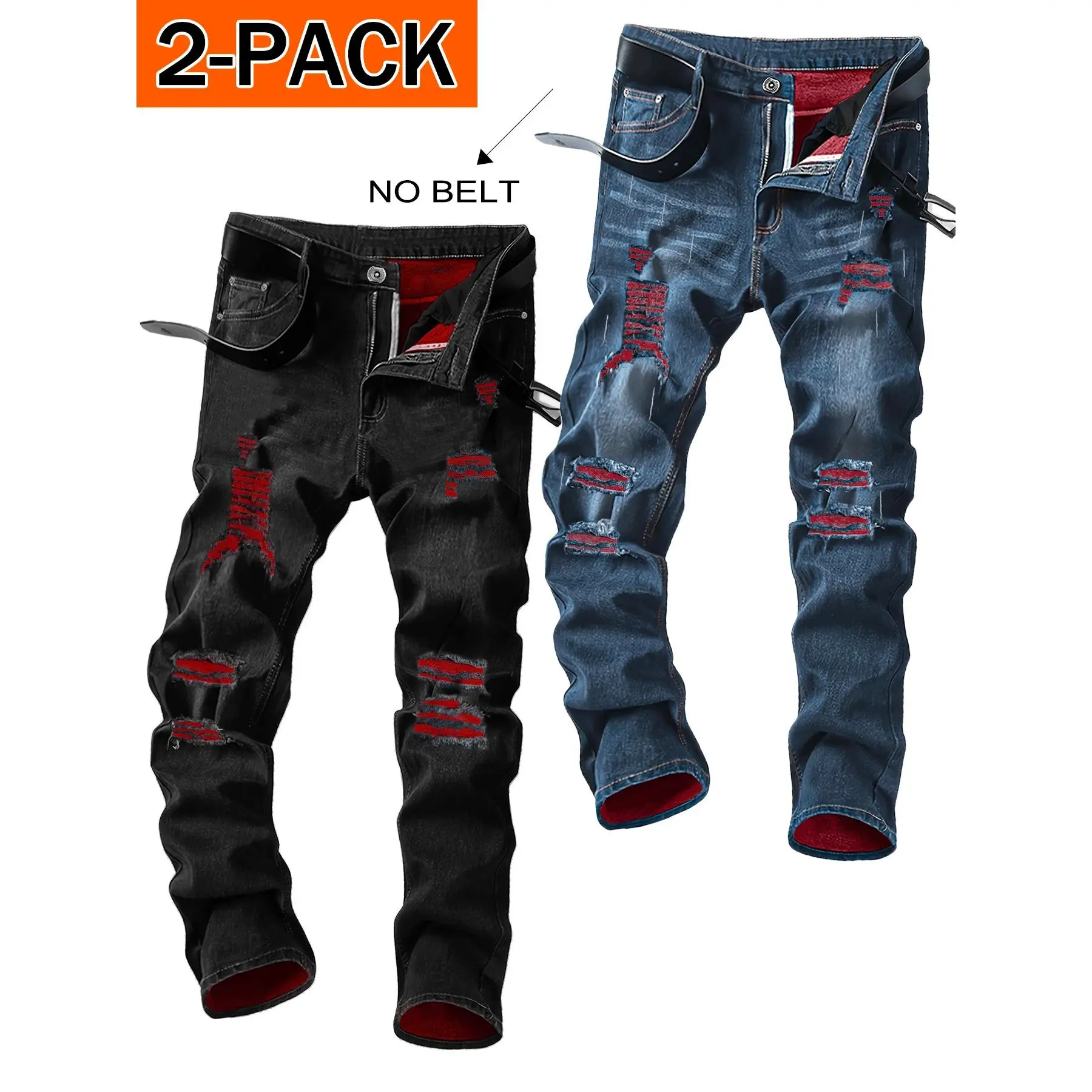2-Pack Men's Fashion Ripped Comfort Stretch Straight Leg Jeans Fabric Menswear Blue Outdoor Royal Blue Set Trouser Denim Streetwear