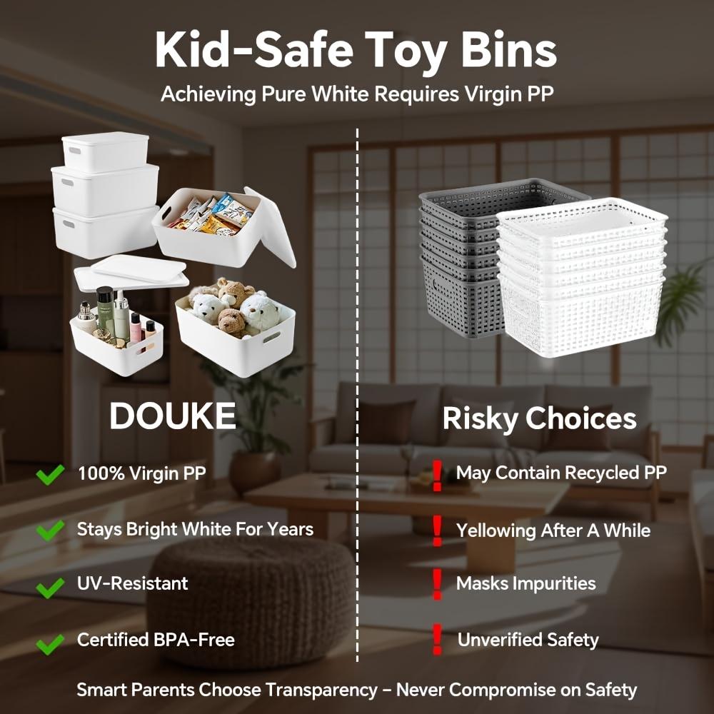 4/8-Pack Stackable Storage Bins with Lids – Durable White Plastic Organizer Baskets with Handles – Space-Saving Containers for Home, Office, Kitchen, Bathroom, Garage & Playroom