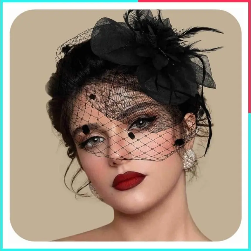 Women's Vintage Lace Feather Mesh Fascinator Headband - Tea Party Cocktail Church Wedding Veil Hair Clip