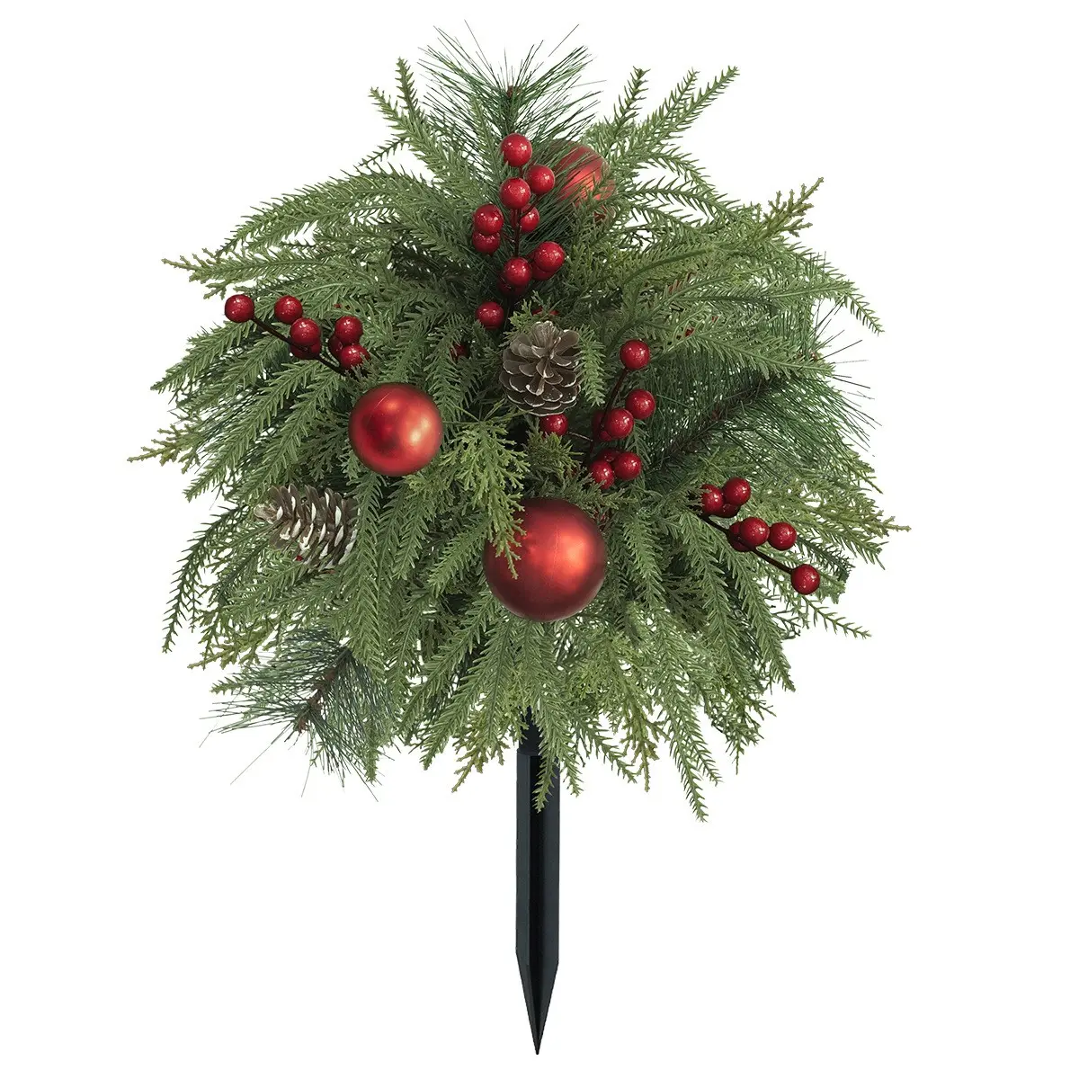 1PCS Christmas Artificial Evergreen Urn Fillers For Outdoor Planters, Faux Cedar Stake Decor Adorned With Red Berries, Pinecones & Glossy Red Balls, Holiday Ornament For Front Porch, Garden, Lawn And Cemetery Xmas Decor