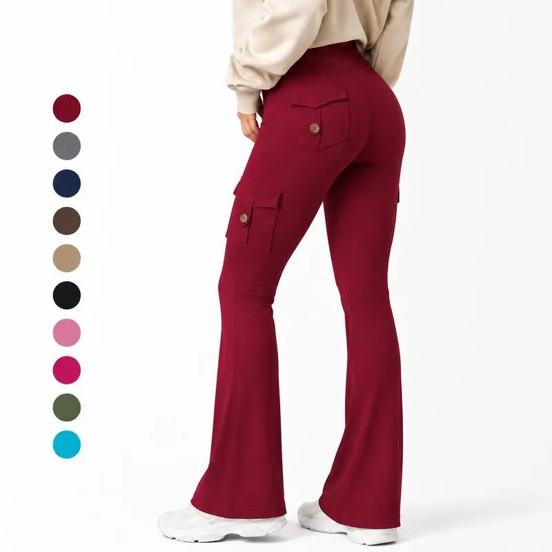 Women's High Waist Cargo Flare Leggings - Invisible Elastic Waist, Pockets, Stretch Sporty Sports Bottoms for Gym, Daily Wear, Leggings Women Activewear For Fitness Athletic Sportswear women's workout sets
