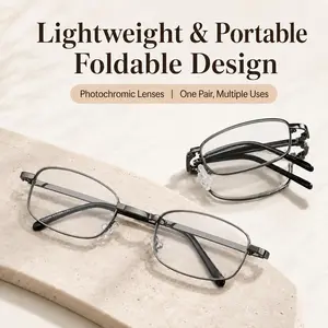 Foldable Fixed Strength Reading Glasses for Men and Women, Photochromic Blue Light Filtering Metal Frame Readers for Close-Up Reading, Phone and Computer Use