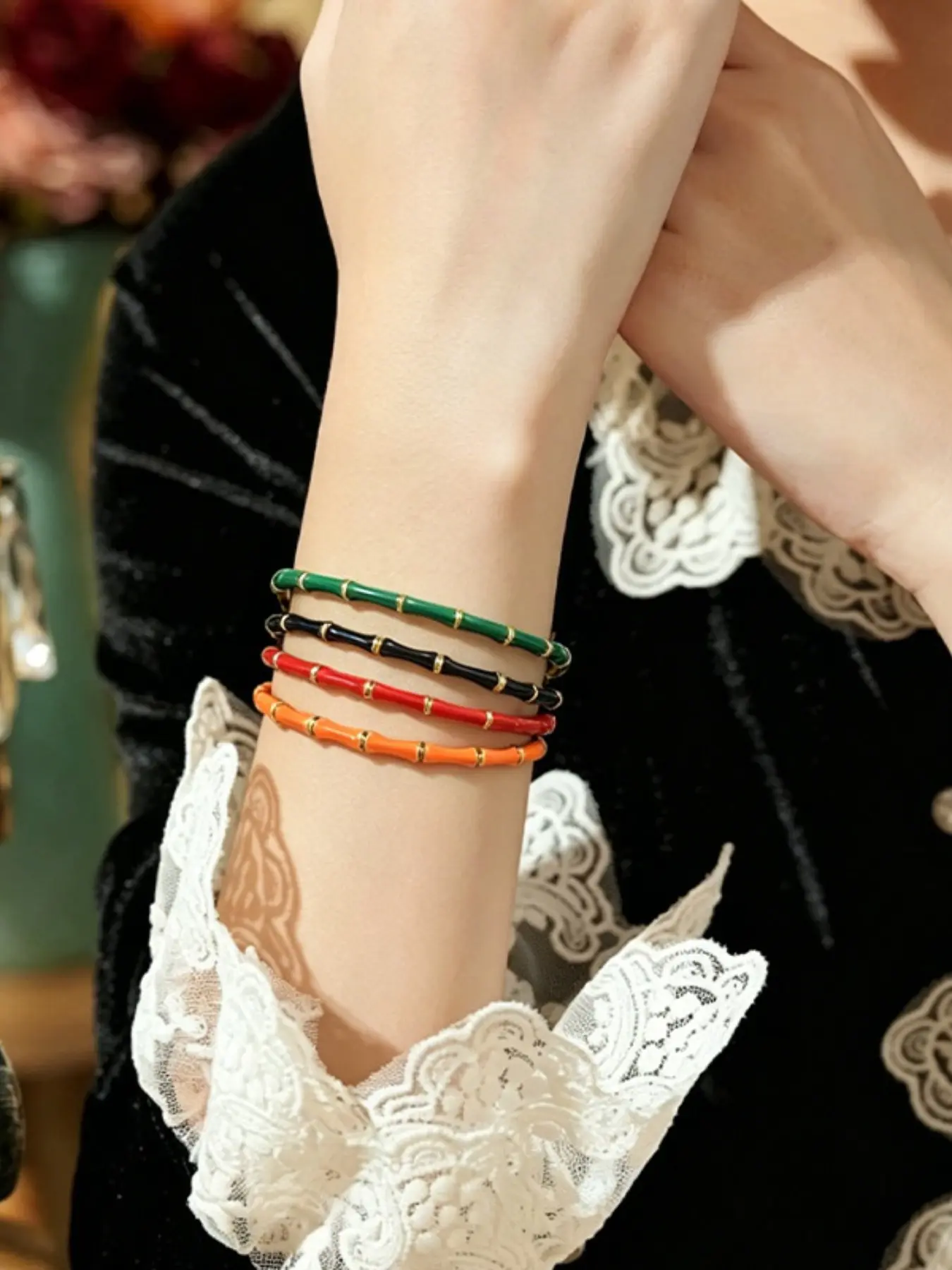 18k Titanium Steel Bangle, Non-Discoloring Enamel Bamboo Joint Bracelet, Vintage Unique High-End Open Clasp, Waterproof Allergy-Free