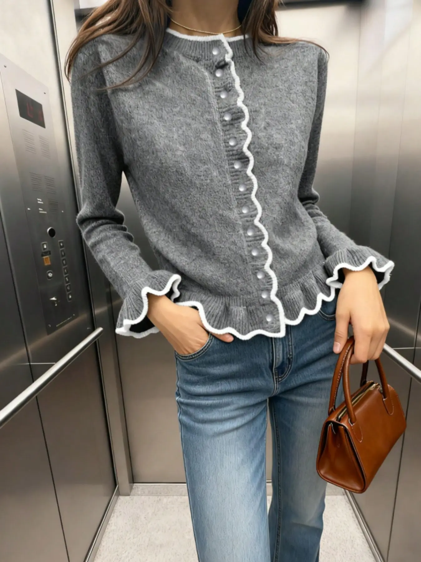 French Vintage Elegant Colorblock Wave Wood Ear Round Neck Knit Cardigan, Single Button Long Sleeve Slim Fit Sweater, Women's Fashion Top
