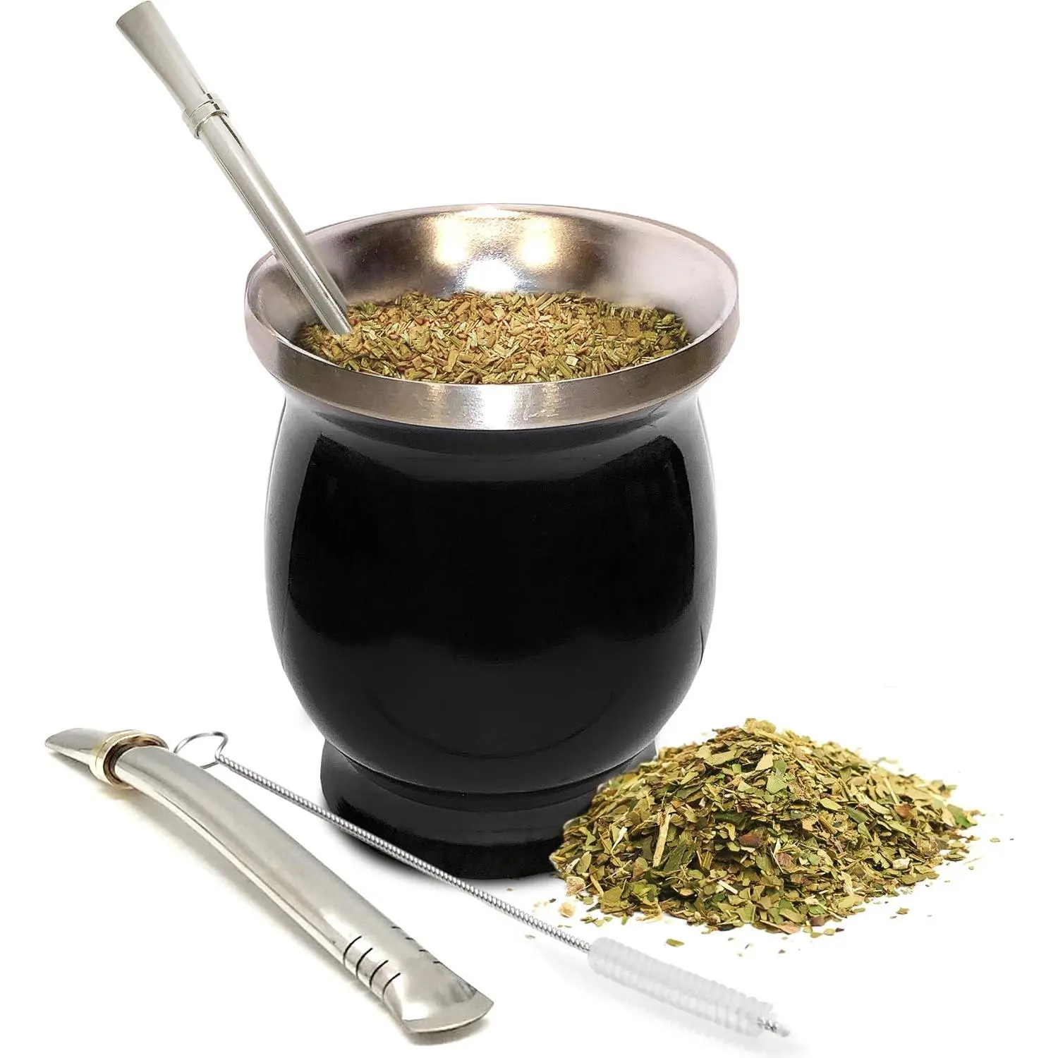 Norte 8oz Double-Walled Stainless Steel Yerba Mate Cup/Gourd Set, Black Traditional Mate Tea Cup, Includes 2 Bombillas (Yerba Mate Straws) & Cleaning Brush, Easy to Clean