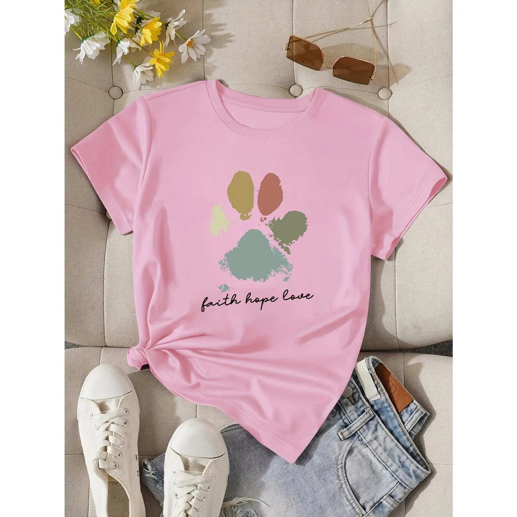 [Paw Print T-Shirt] Women's Cute Paw Print T-Shirt - Short Sleeve Round Neck Summer Top with Dog & Paw - Medium-Stretch Fabric Pet-Themed Blouse for Casual Wear - Machine Washable