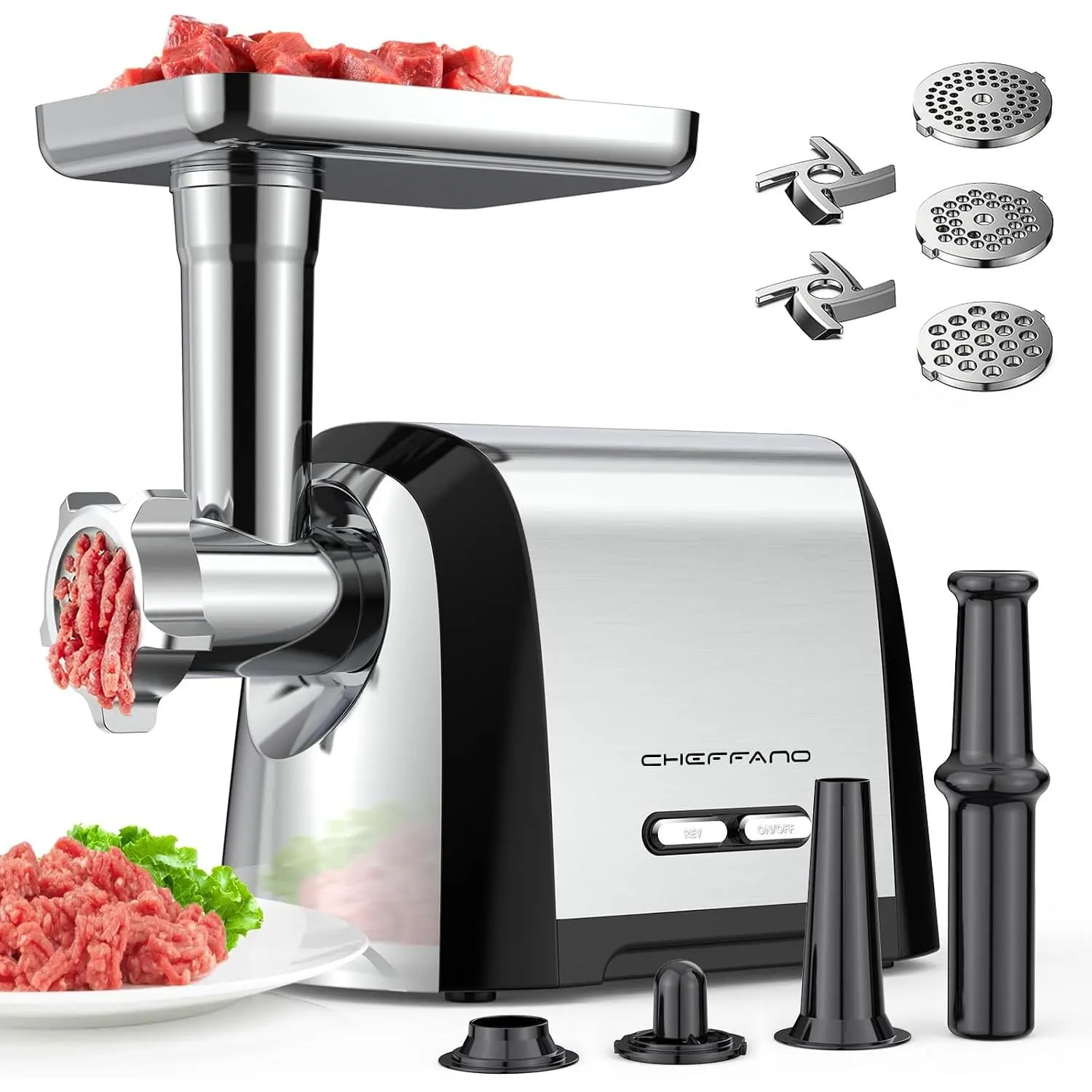 Electric Meat , 2600W Max 3-IN-1 Heavy Duty Sausage Stuffer with Sausage tube & Kubbe Kit, 3 Grinding Plates 2  for  Kitchen & Small Commercial Use, Stainless Steel