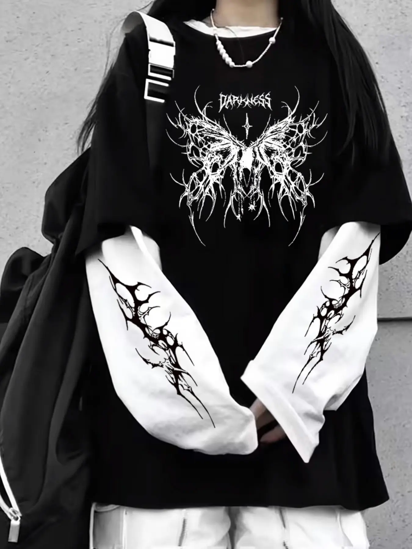 Women's Loose Fit Casual Streetwear Two-Piece Long Sleeve T-Shirt, Gothic Letter and Wing Lightning Print, Soft and Comfortable, Daily Wear