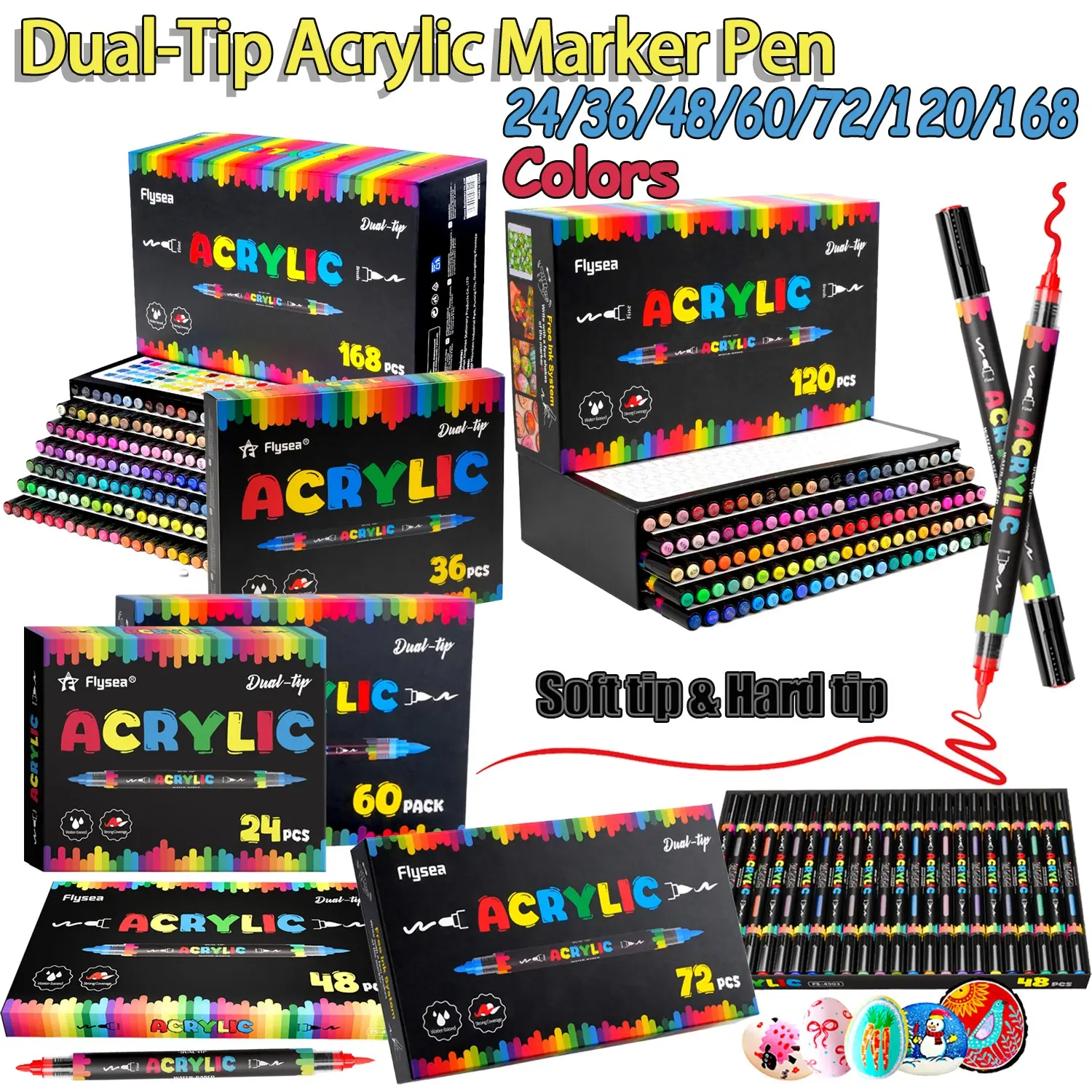 Flysea Dual-Tip Acrylic Marker Set, 12/24/36/48/60/72/120/168 Colors, Waterproof Fast-Drying, Ideal for Hand Drawing, Stones, Fabric, Phone Cases, Art Marker Pens