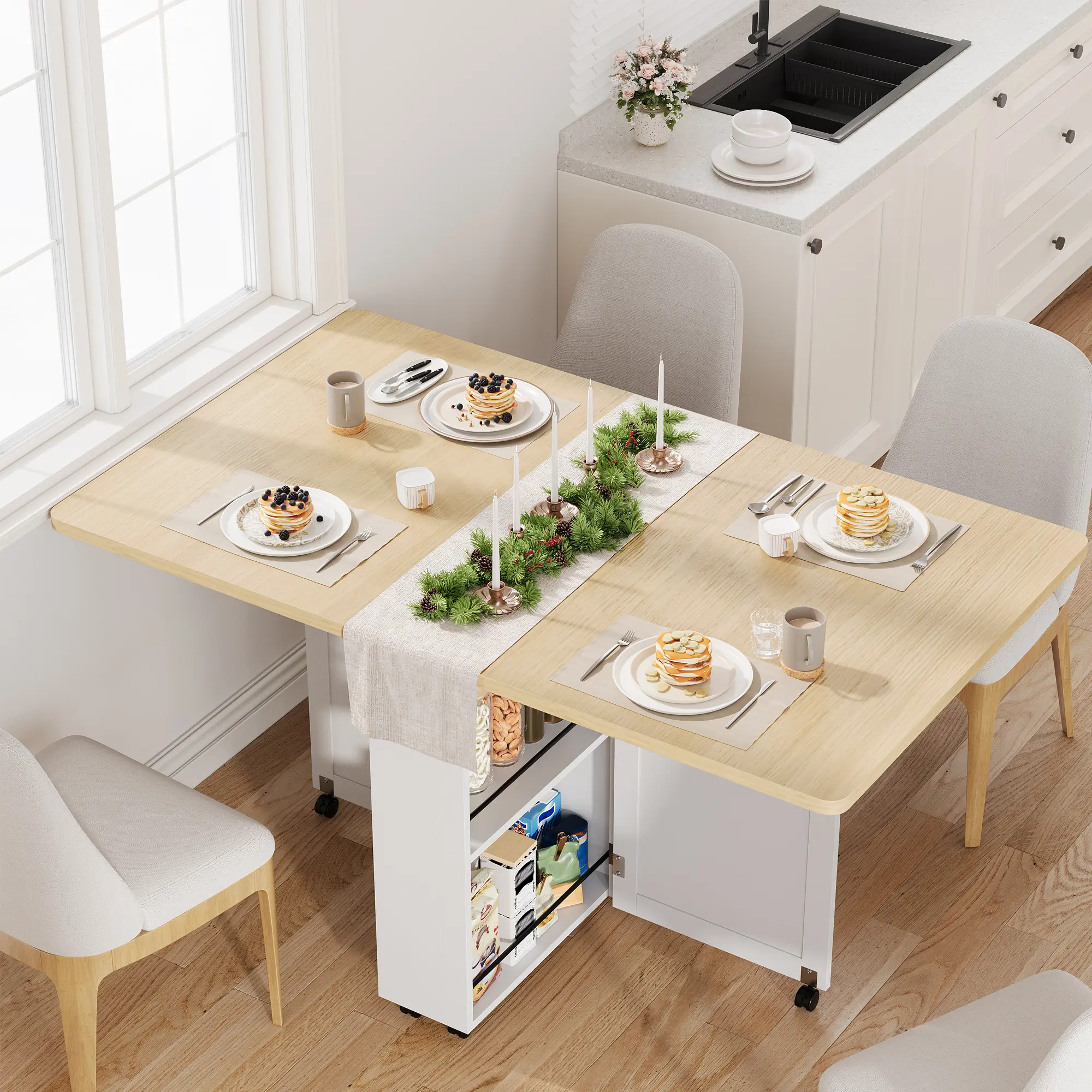 Folding Dining Table with Drawers & Storage Cabinet, Multifunctional Foldable Kitchen Table with Wine Rack & Side Storage Tank, 6 Universal Brake Casters, Easy Assembly Space Saving Furniture for Small Spaces Apartment Kitchen Living Room