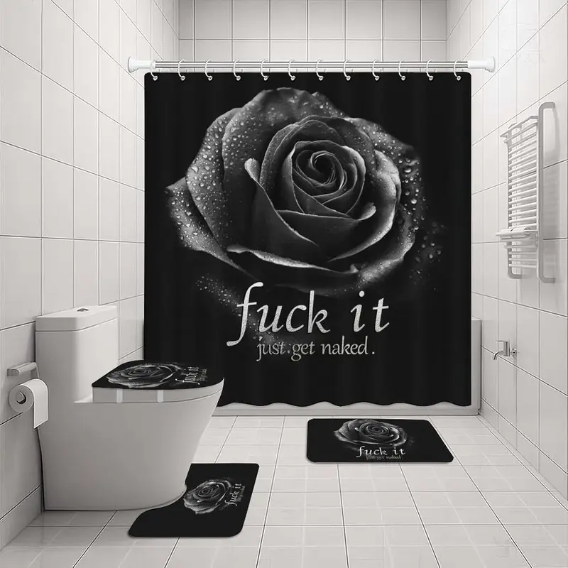 Bathroom Decor 4-Piece Complete Set Pack - Funny Flannel "Fuck It Get Naked" Rose Black Waterproof Shower Curtain, 12 Hooks, Non-Slip Rug, Toilet Lid Cover, Bath Mat, Funny Shower Curtain