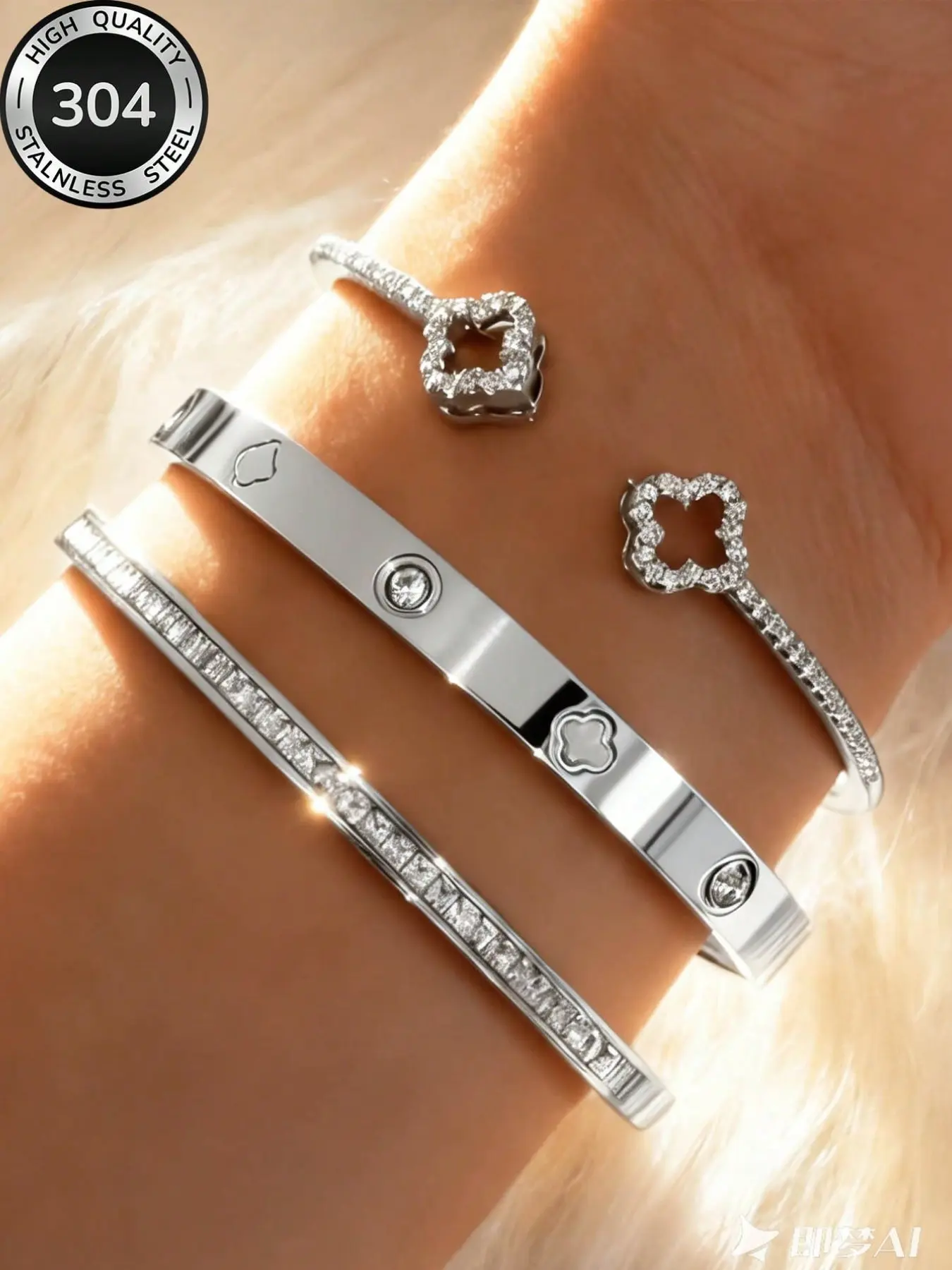 3 pcs Stainless Steel + Copper Silver Four-Leaf Clover And Rhinestone Bracelet Set, 3 Pieces Set For Women, Stackable, Stacked Bracelets, Minimalist Fashion, Hypoallergenic Material, Perfect Mother's Day Gift, Summer Vacation Accessory
