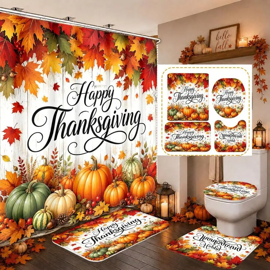 4pcs Thanksgiving Harvest Theme Vintage Wood Grain Maple Leaf Pumpkin Multi-Use Bathroom Decor Set - Shower Curtain, U-Shaped Mat, Round Toilet Lid Cover, Bath Mat, Free 12 Hooks, Premium Holiday Vibe, Suitable for Home Spaces, Multi-Use Set, Home Decor