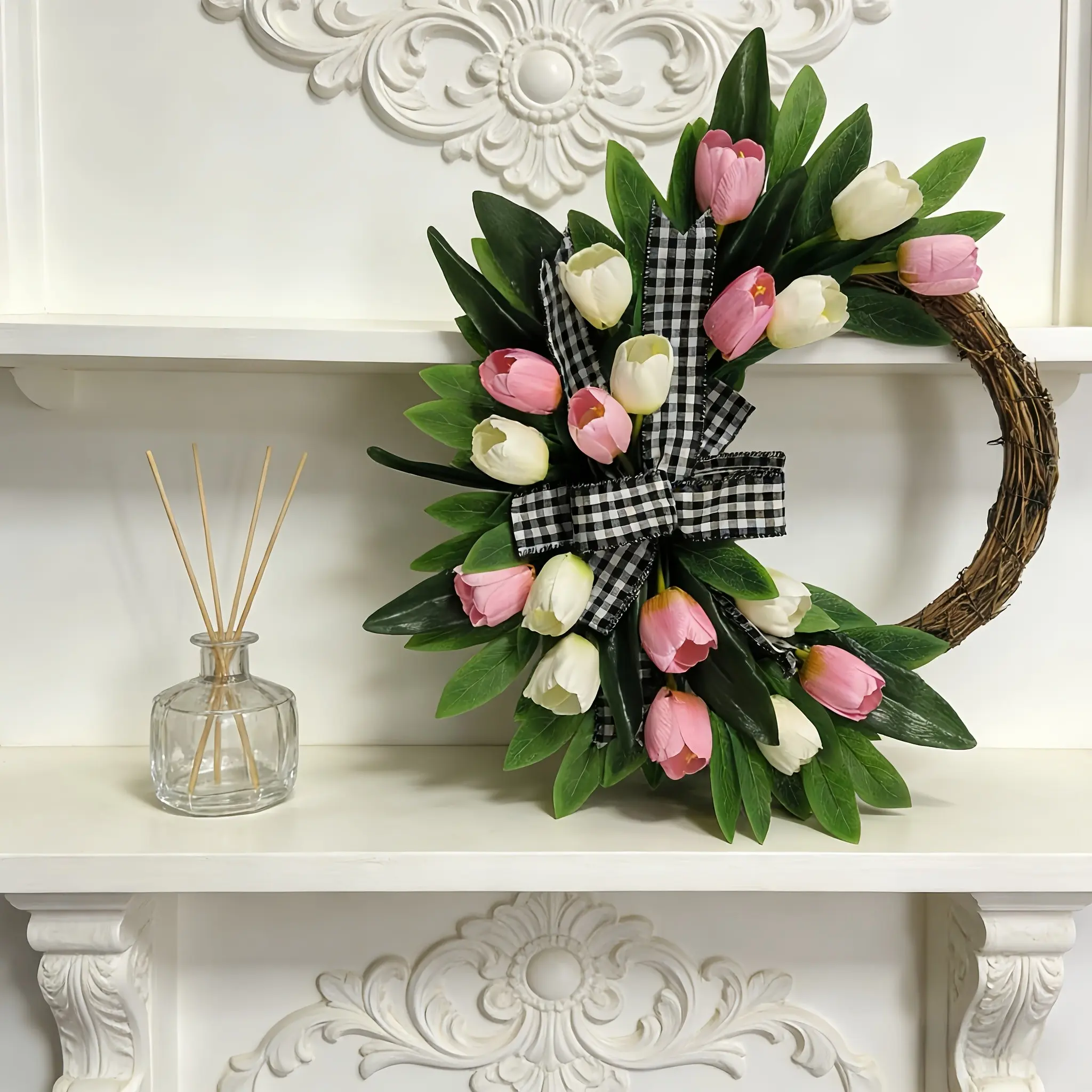High-End Large Spring Tulip Wreath, Door Daily Flower Circle, All-Year Round Door Hanging Decoration, Realistic Artificial Flowers, Plastic Hanging Decor