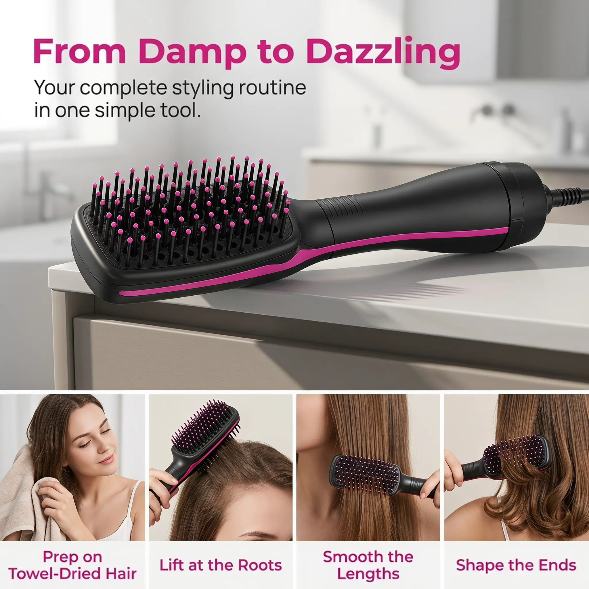 Multifunctional 2-in-1 Blow Dryer Hot Air Brush, Portable Hair Volumizing Styling Tool, Works for Straightening, Curling and Quick Daily Hair Styling
