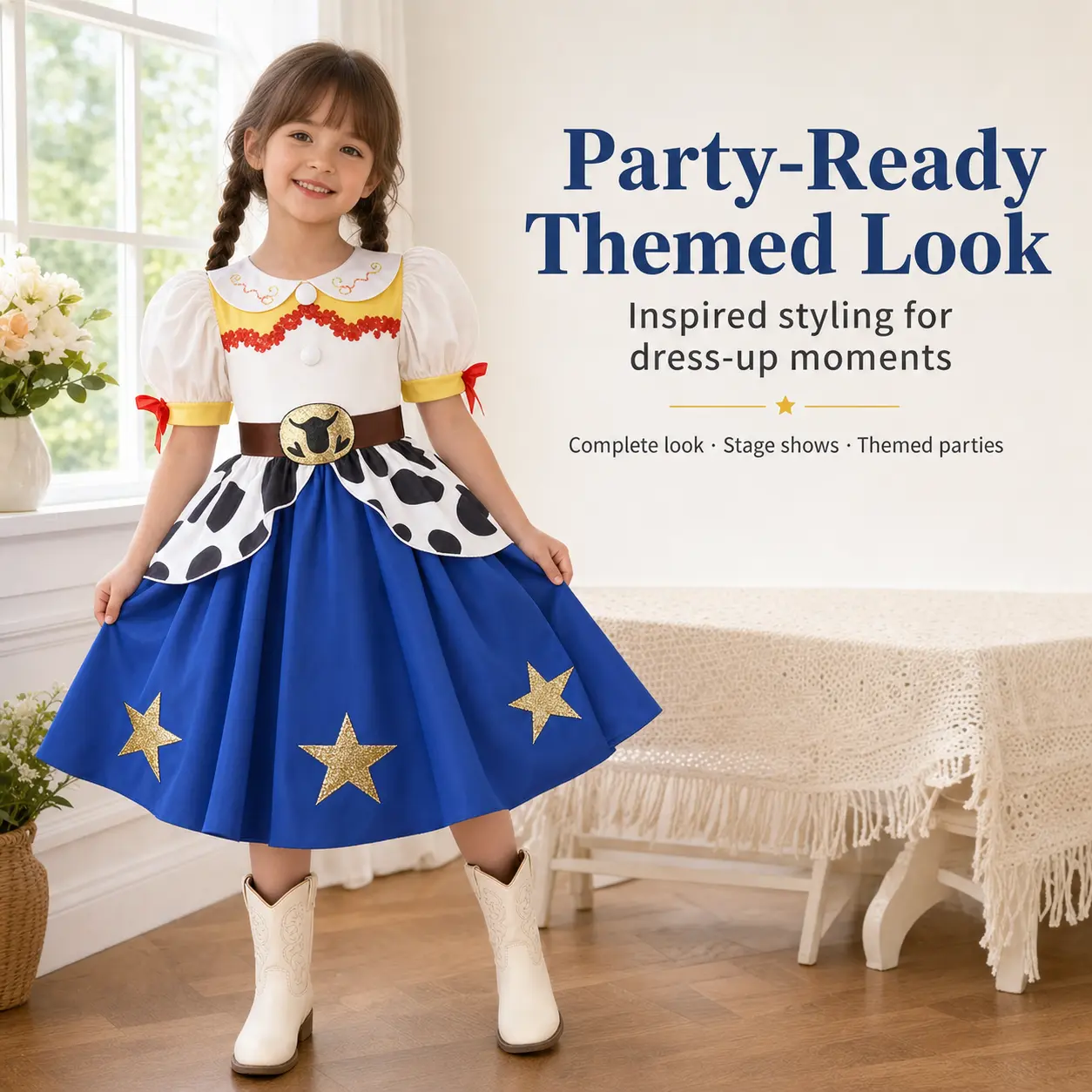 Kids Jessie Cowgirl Halloween Costume Dress, Cartoon Character Cosplay Outfit with Cow Spots & Star Decor for Girls