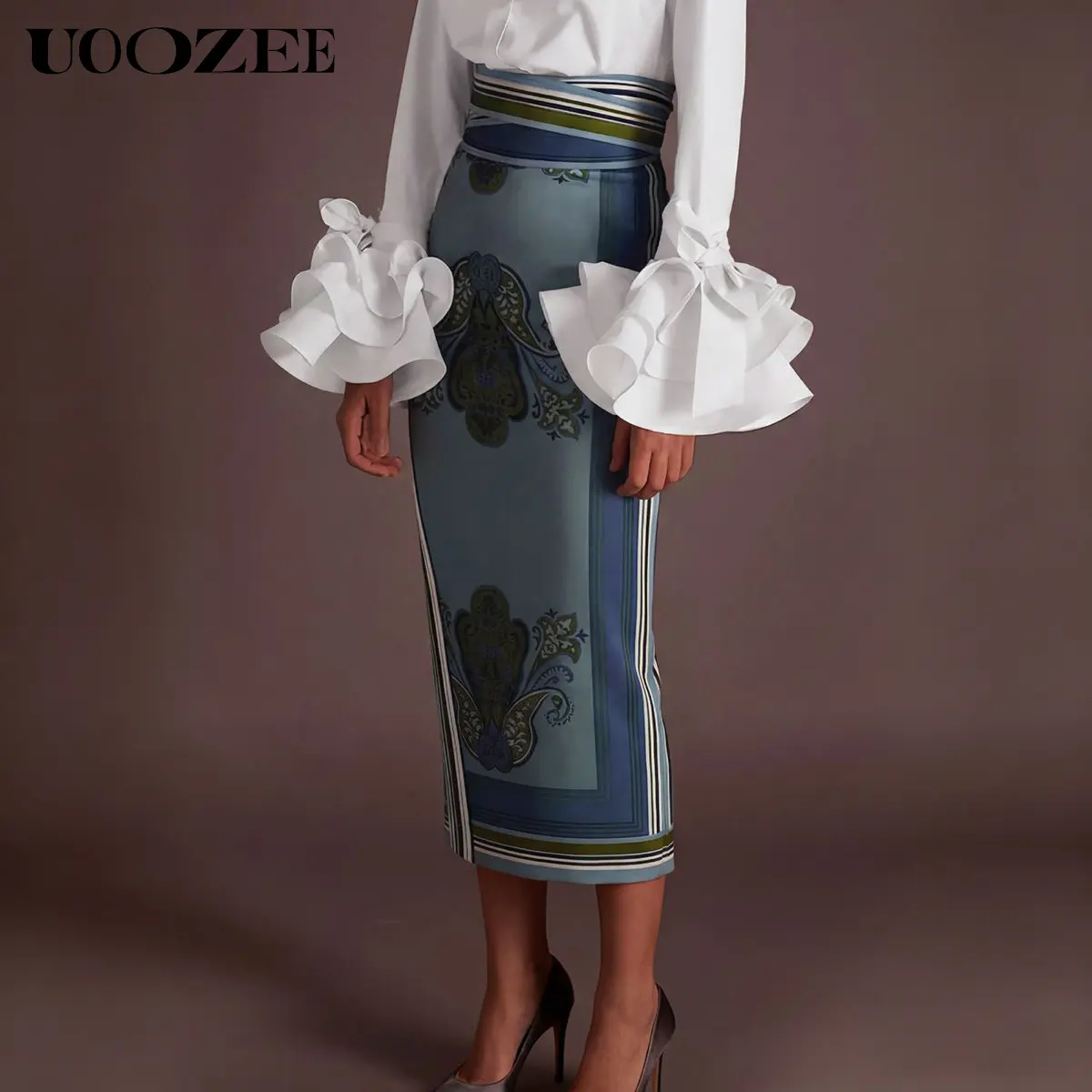 UOOZEE Women's Vintage Paisley Silky Satin Midi Pencil Skirt, High Waist with Elastic Back for Business Casual Day Wear, Smooth, Polyester, Chic, Fabric, Fit, Striped, Smocked,clothes for back to school,first day of school outfits