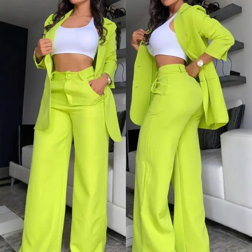 Women's 2026 New 2-Piece Suit Set - Lapel Long-Sleeve Blazer + High-Waist Wide-Leg Solid Pants, Casual Business Streetwear for Party, Daily Commute