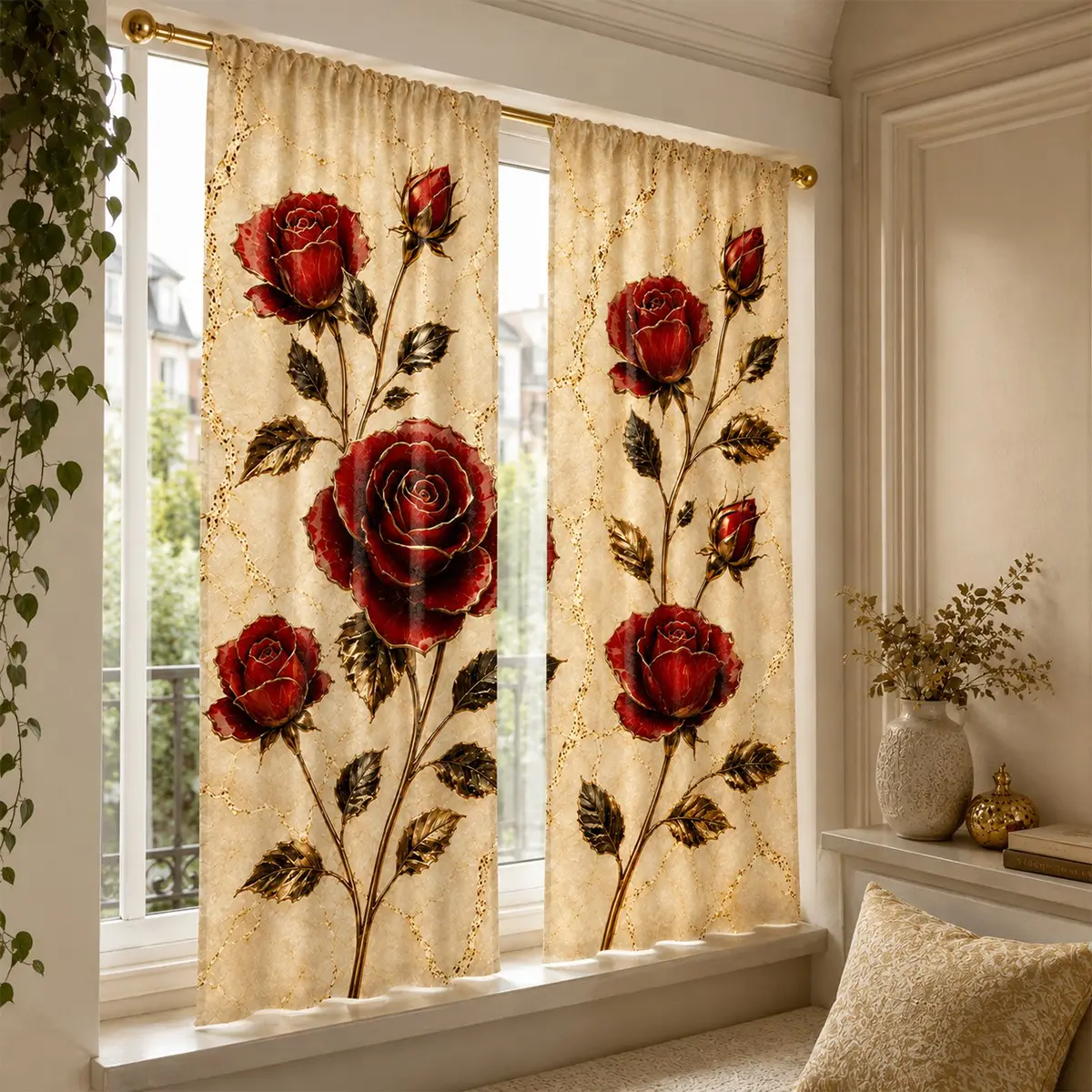 2-piece gold-plated red rose minimalist French retro semi-blackout curtains, pocket rod installation, polyester material, suitable for living rooms, kitchens, bedrooms, studies, hotels, etc.