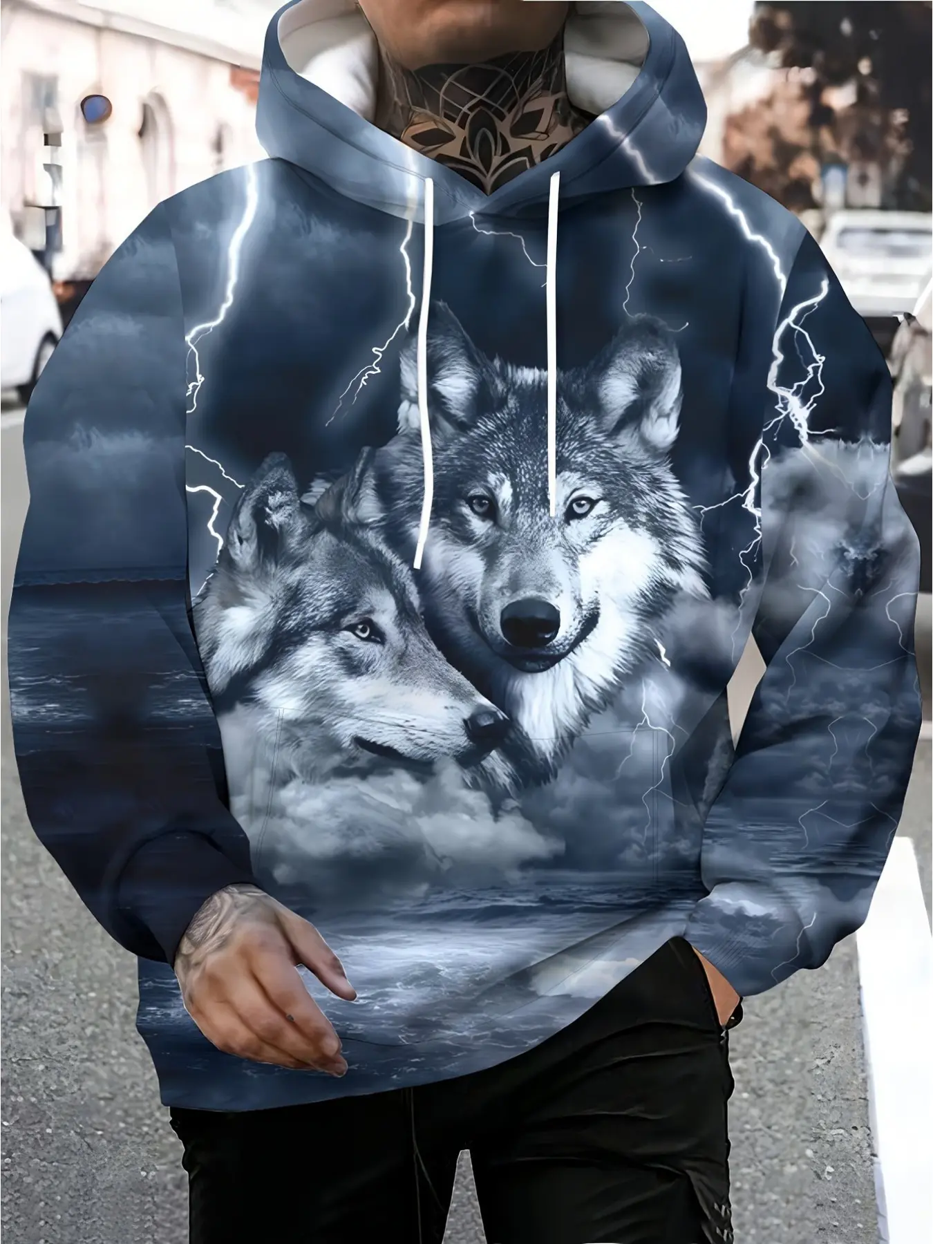 Siberian Grey Wolf Print Men'S Fashionable Hooded Sweatshirt, Spring, Autumn, Winter Pullover, Casual Outdoor Sports Top, Comfortable And Soft, Suitable For Daily Wear