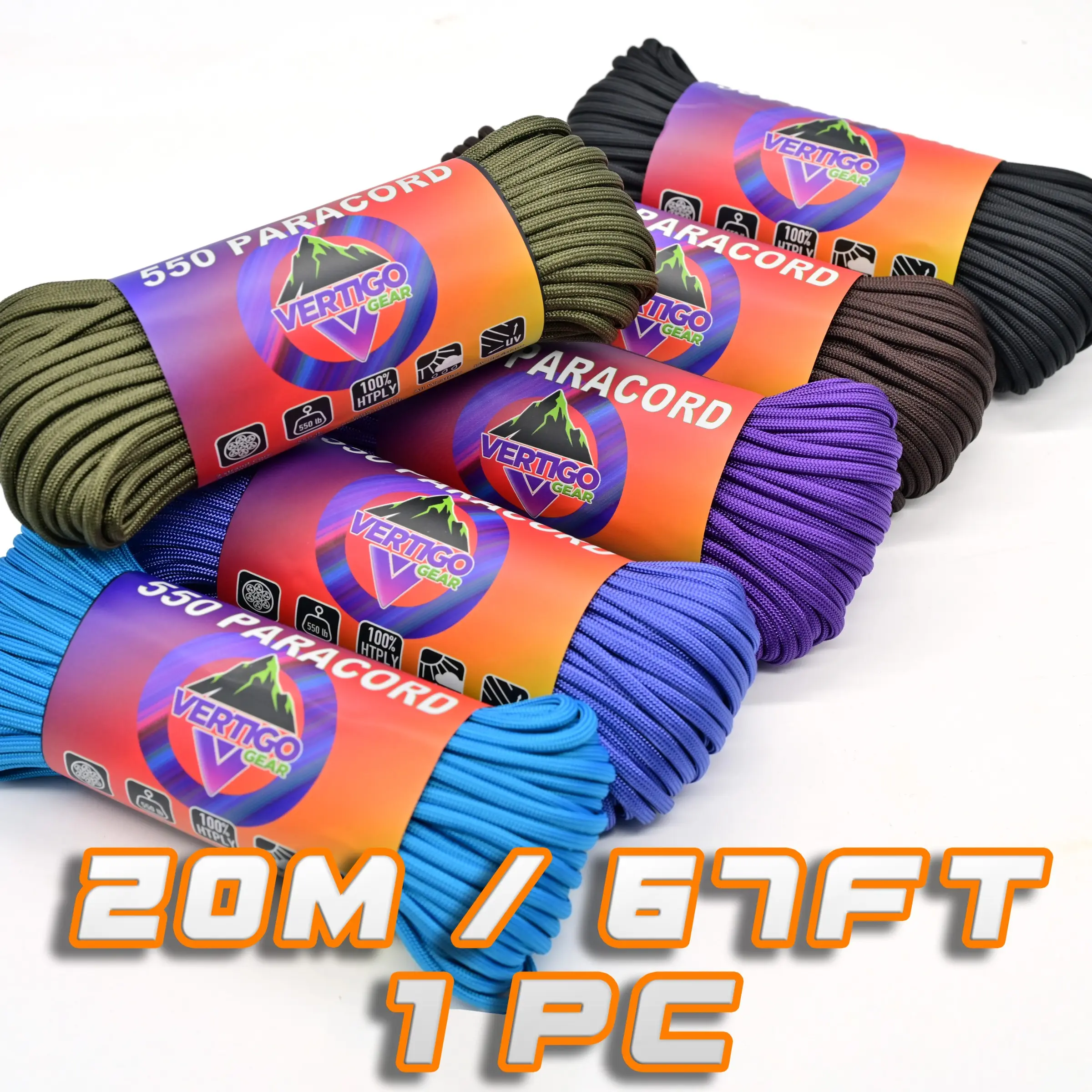 Paracord 550: 20m/66ft Tactical Parachute Line, 4mm Diameter, 550lb/250kg Strength, 11 Colors, Paracord Rope, Survival & Camping Gear