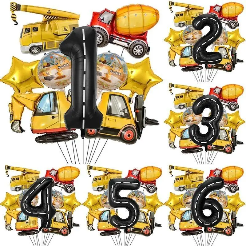 9 pcs 1set Engineering Theme Foil Balloons With 40Inch Number Birthday Party Ballon Construction Vehicle Tractor Car Balloons