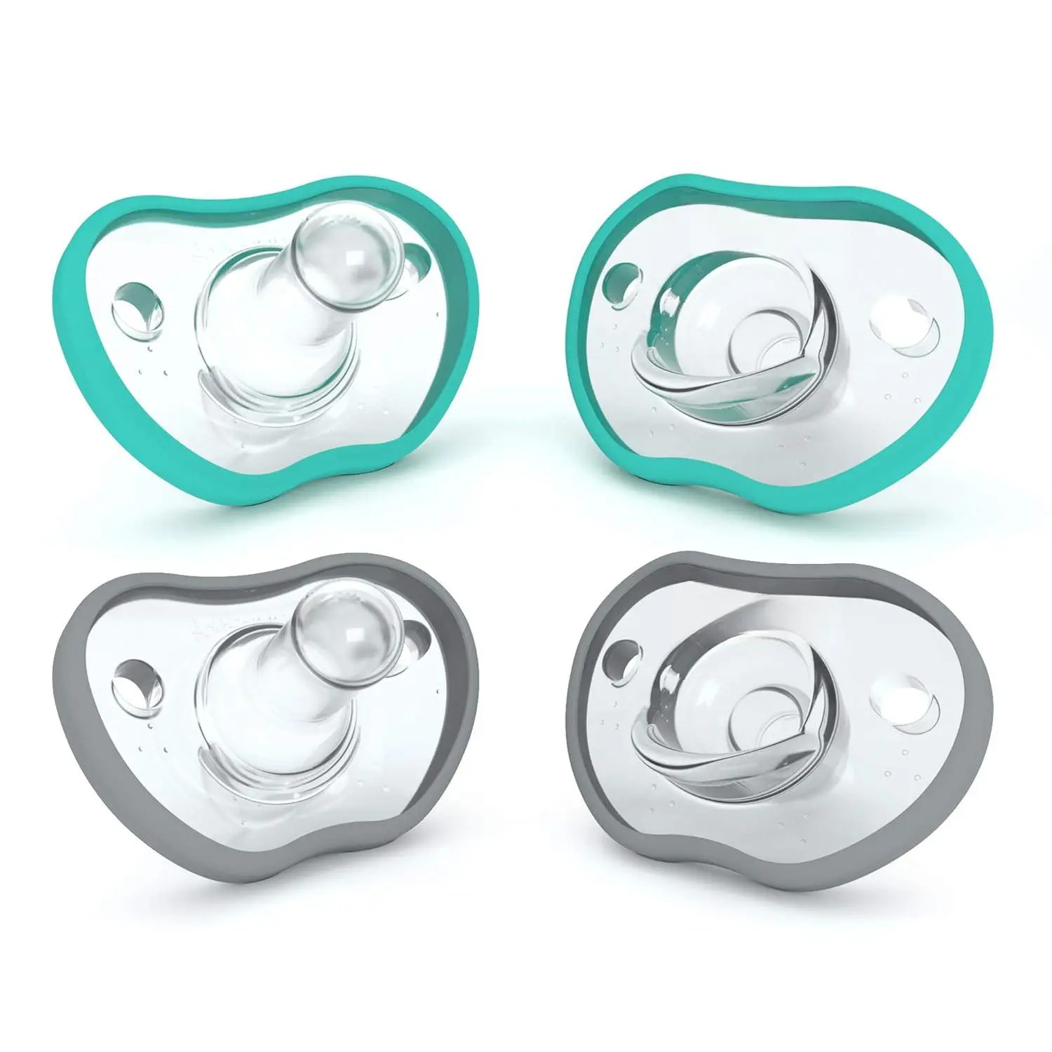 Baby Pacifiers 0-3 Month - Orthodontic, Curves Comtably with Face Contour, Award Winning  Breastfeeding Babies, 100% Silicone, Baby Registry Gift 4pk,Teal/Grey New model