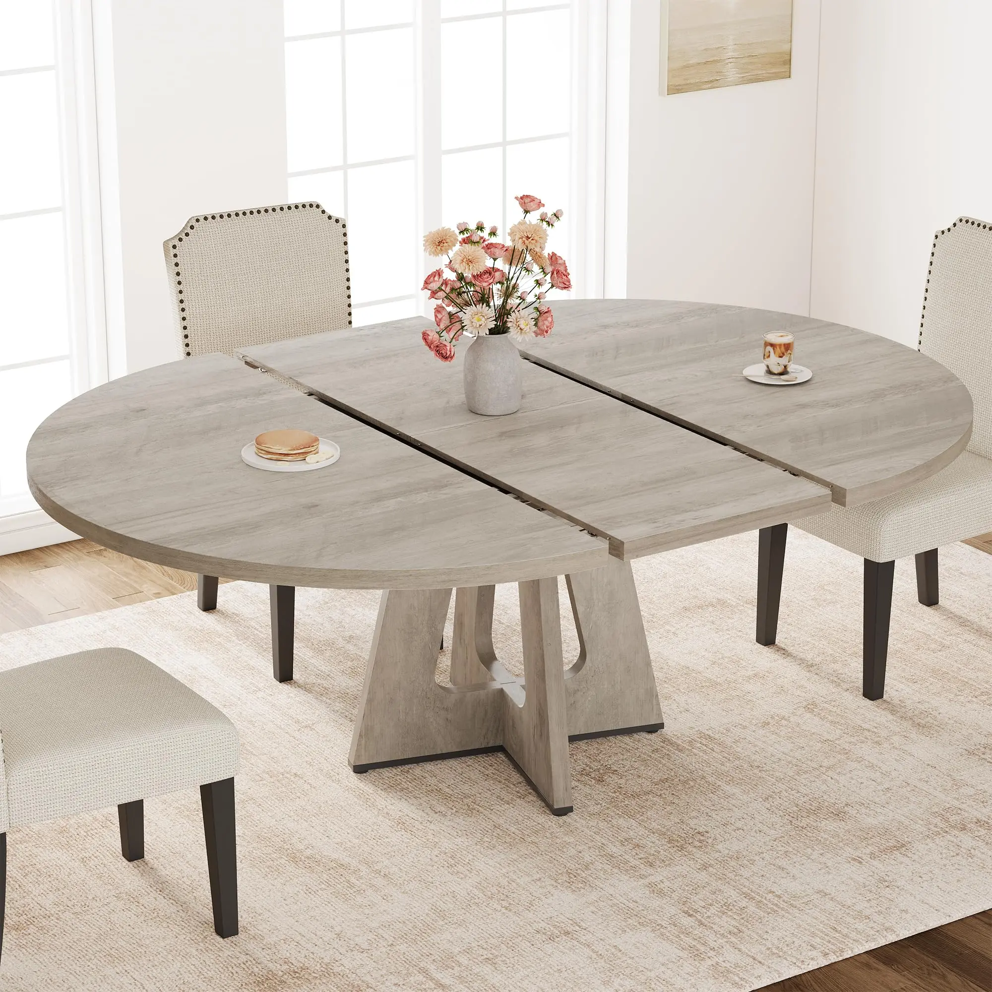 Garvee Space-Saving Extendable Round Dining Table for 4-8 – Modern MDF & Metal Construction – Durable, Multi-Functional, Contemporary Style – Perfect for Dining Room, Kitchen, or Living Room – Grey