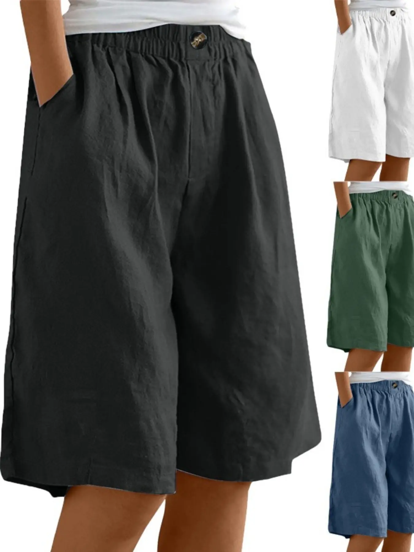 Women’s Casual Bermuda Shorts, Elastic High Waist, Loose Fit, Baggy, Wide Leg, Knee Length, Pockets, Lightweight Linen Look, Summer Lounge Shorts