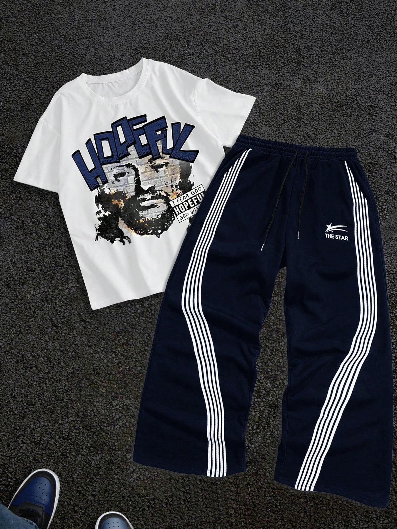 Men's Letter Print Short Sleeve Graphic Tee & Side Stripe Drawstring Waist Pants Two-piece Set, Regular Fit Round Neck T-shirt & Pocket Trousers, Casual Fashion Cozy Breathable Men Outfits for Spring & Fall