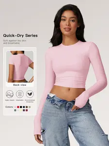 Women's Solid Round Neck Compression Sports Tee, Quick Drying Long Sleeve Crew Neck Crop T-shirt, Ladies Sportswear for Indoor Outdoor Wear, Valentine's Day Gift for Girl