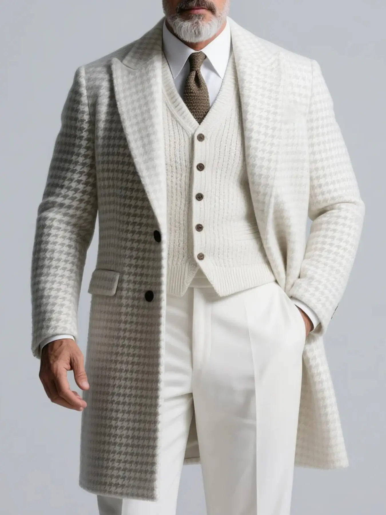Men's Lightweight Formal Business Checkered Long Coat, Stylish Suit Jacket, Trendy Outerwear for Professional Look, Perfect for Office Wear