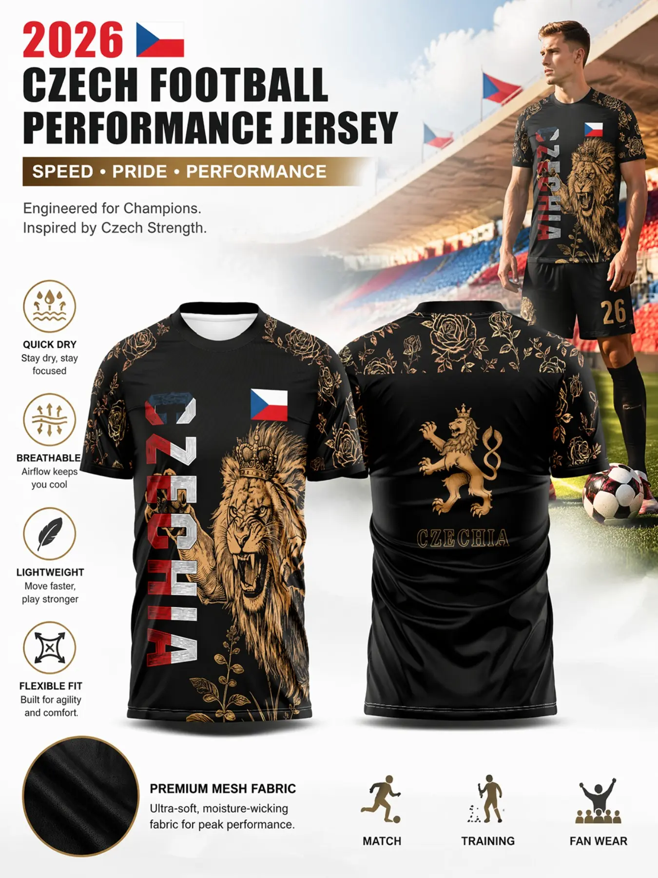 2026 Czech Football Jersey, Mesh Gold Rose Print, Quick-Dry Breathable Lightweight Sport T-Shirt, Ideal for Matches Training Fans