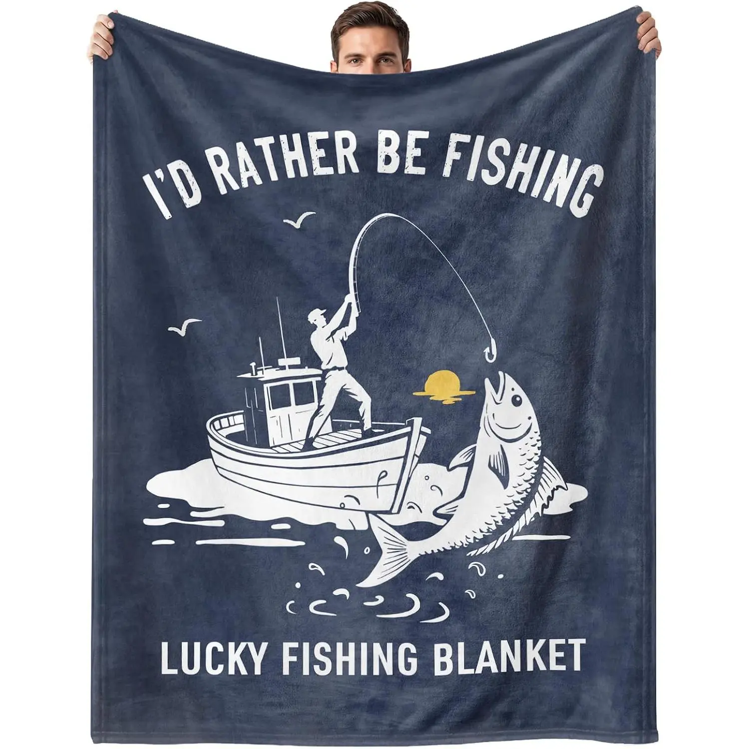 Fishing Gifts for Men, Flannel Soft Lucky Fish Blanket Decor, Fishermen Gifts for Men Boys Accessories, Id Rather Be Fishing