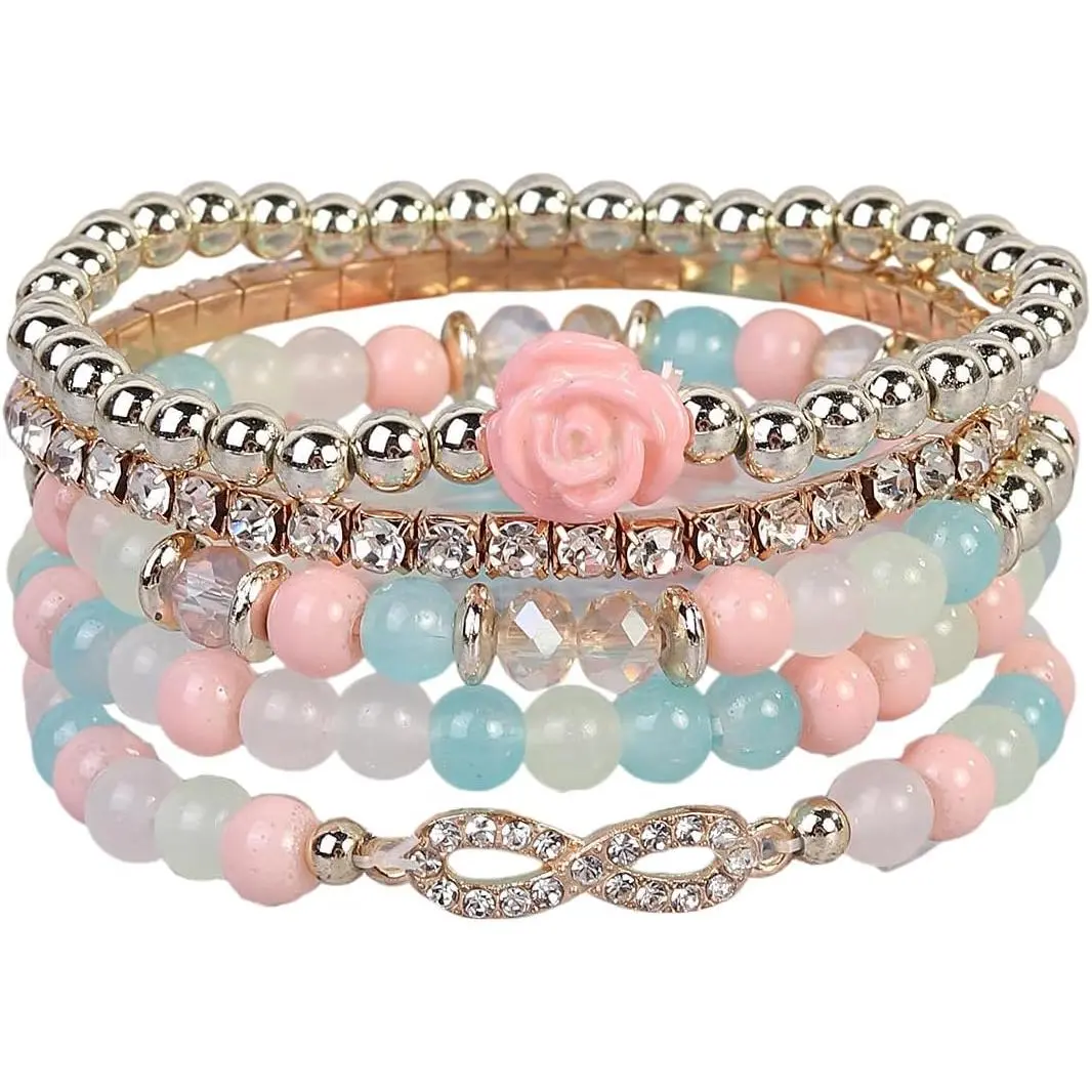 Rose Flower Charms Stackable Bracelets Multilayer Stretch Rhinestone Beaded Flower Wristlet Set Elegant Rose Bracelets  Party Gifts for Women