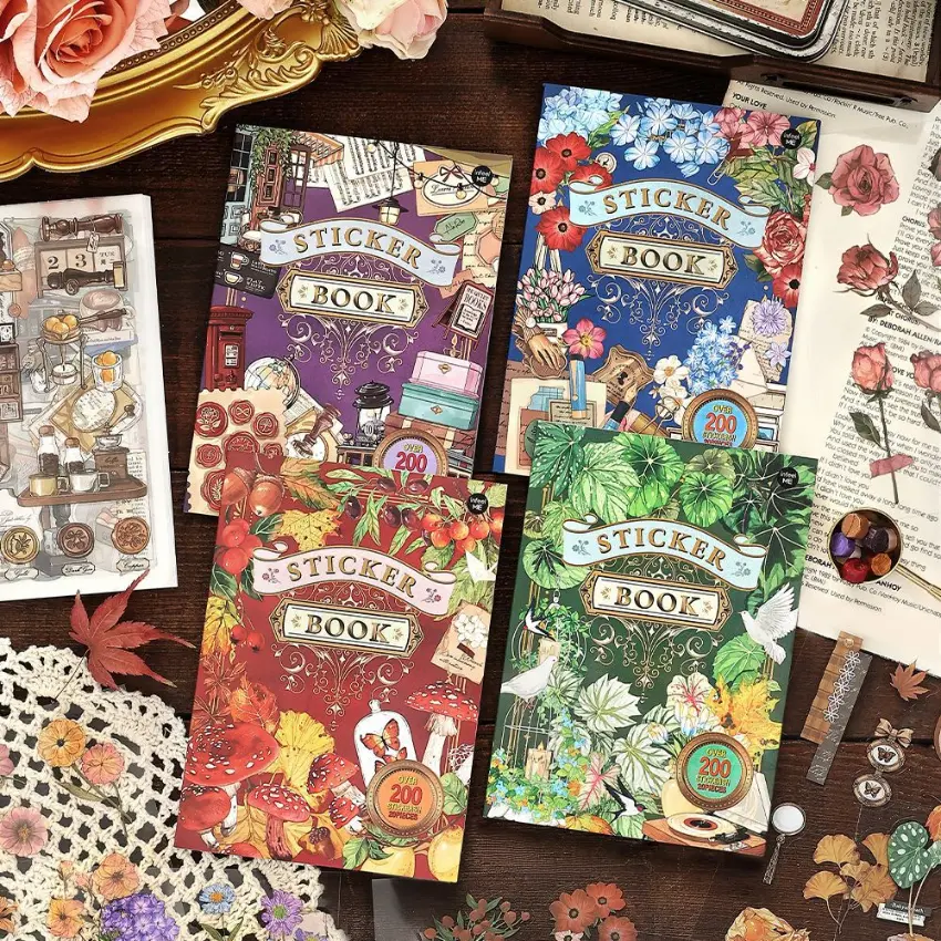 80 Pcs Vintage PET Waterproof Self-Adhesive Die-Cut Scrapbooking Set Labels & Stickers - Floral & Plant, Bow, Coffee Themed Office Stationery for Planners, DIY Decoration