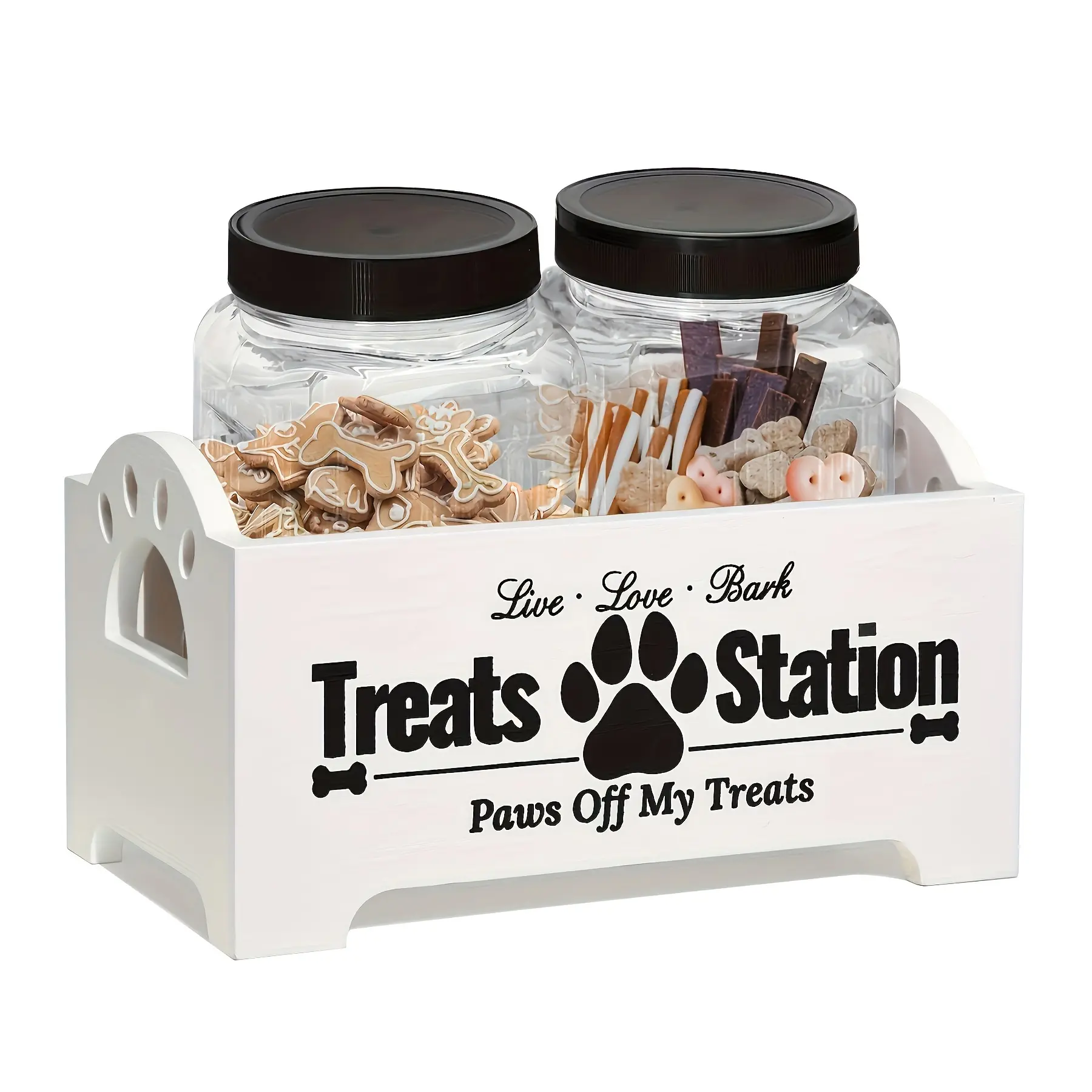 [AURA & ISLE] 3-Piece Dog Snack & Pet Food Storage Solution - Rustic Wooden Organizer with 2 Plastic Containers, Spacious Home Storage Box for Pets