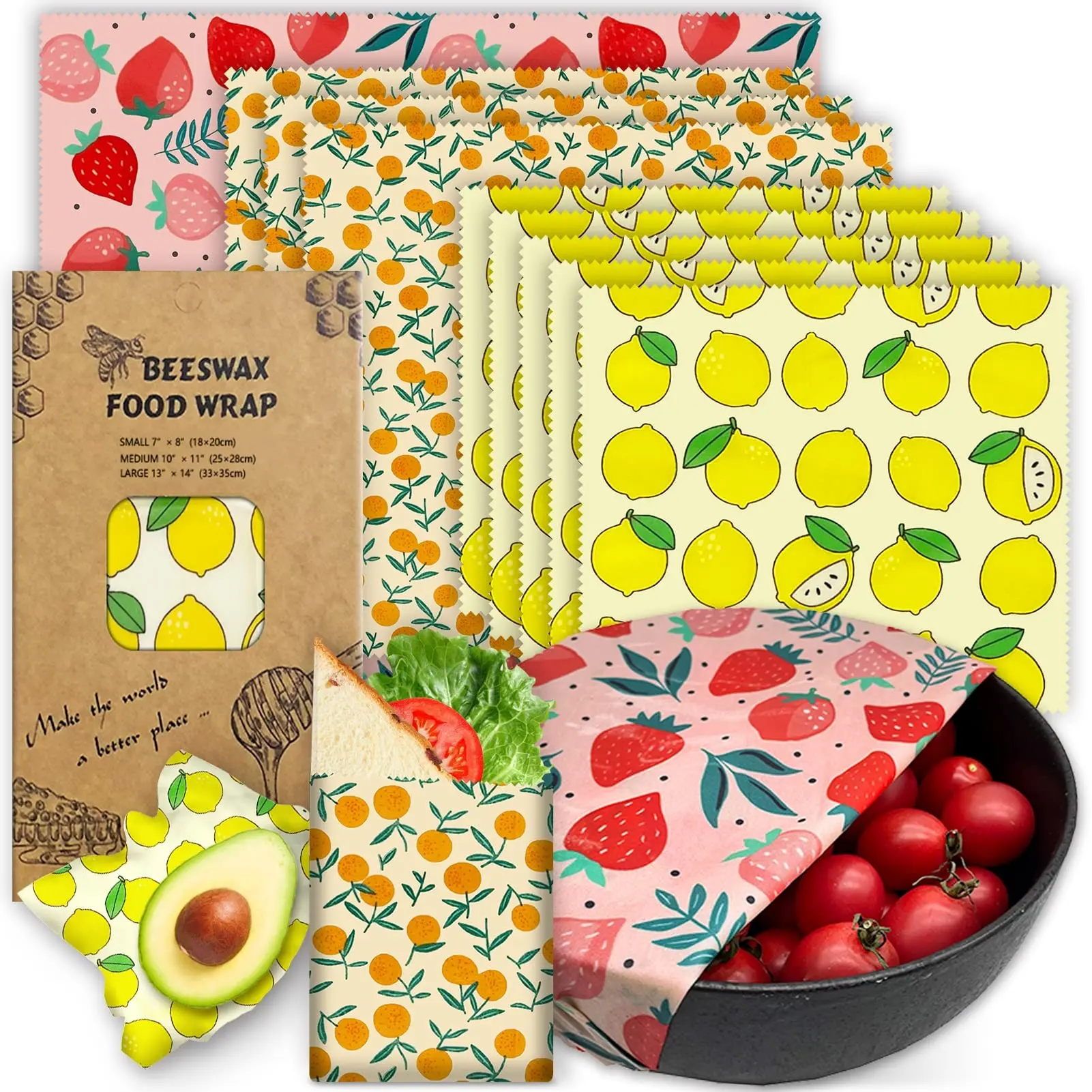Reusable Beeswax Wrap - 3pcs Eco-Friendly Beeswax Wraps For Food, Organic, Sustainable, Biodegradable, Zero Waste, Plastic-Free Food Storage,Bees Wax Wraps Reusable for Fruits, Vegetables, Bread, Cheese and More
