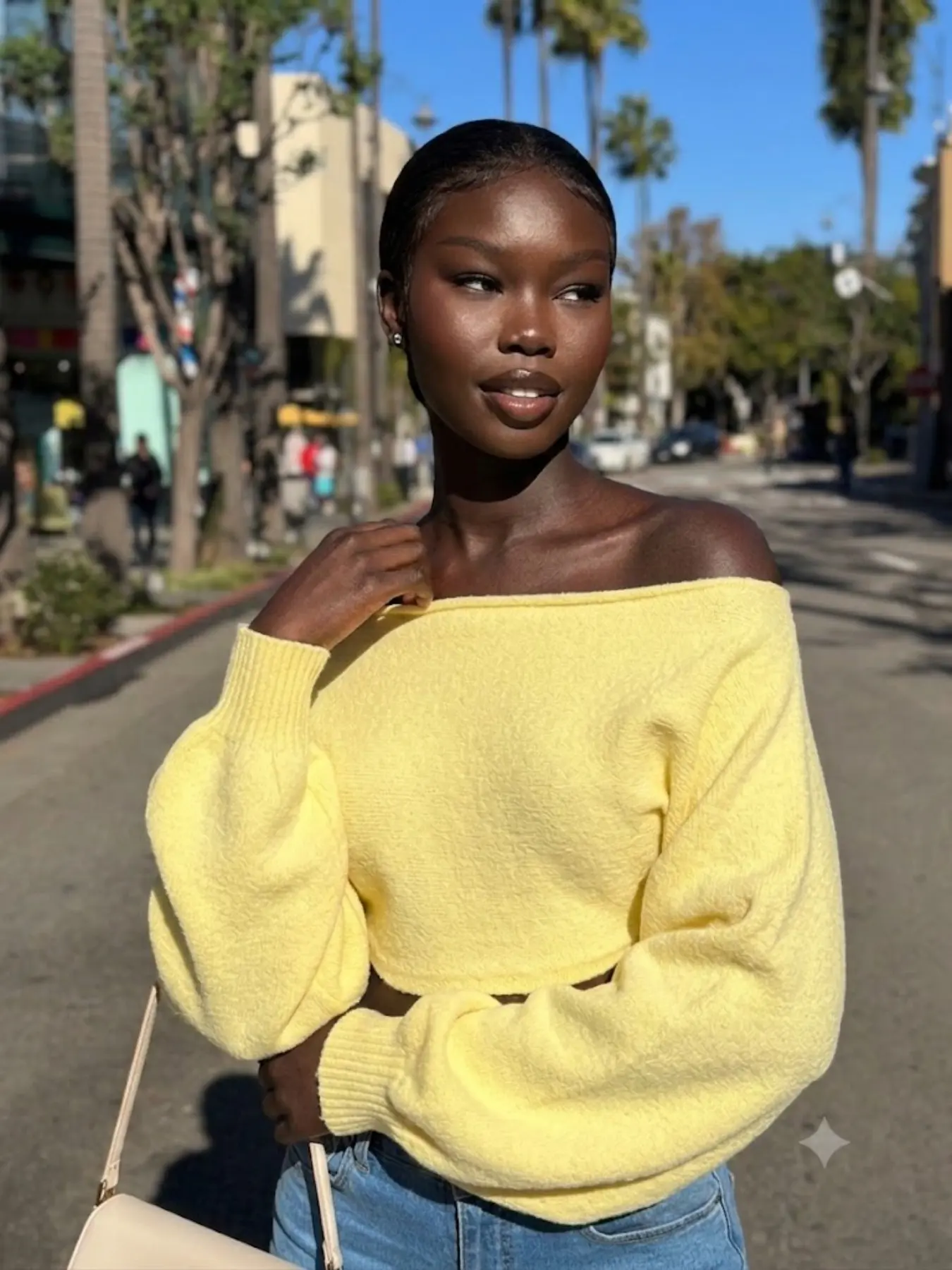 Women's Off Shoulder Knitwear Crop Top, Soft Butter Yellow Balloon Long Sleeve Sweater, Chic Date Night & Casual Summer Outfit