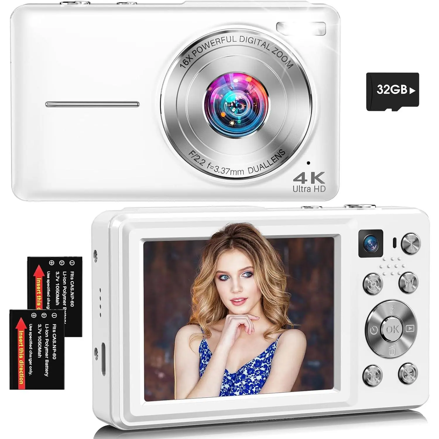 Digital Camera, 4K 64MP Autofocus 16X Zoom Camera with  Lens(White) | 2026  Anti-Shake Point Shoot Camera, Compact Travel Vlogging Camera for Teens Adults Beginner, 32GB Card, 2