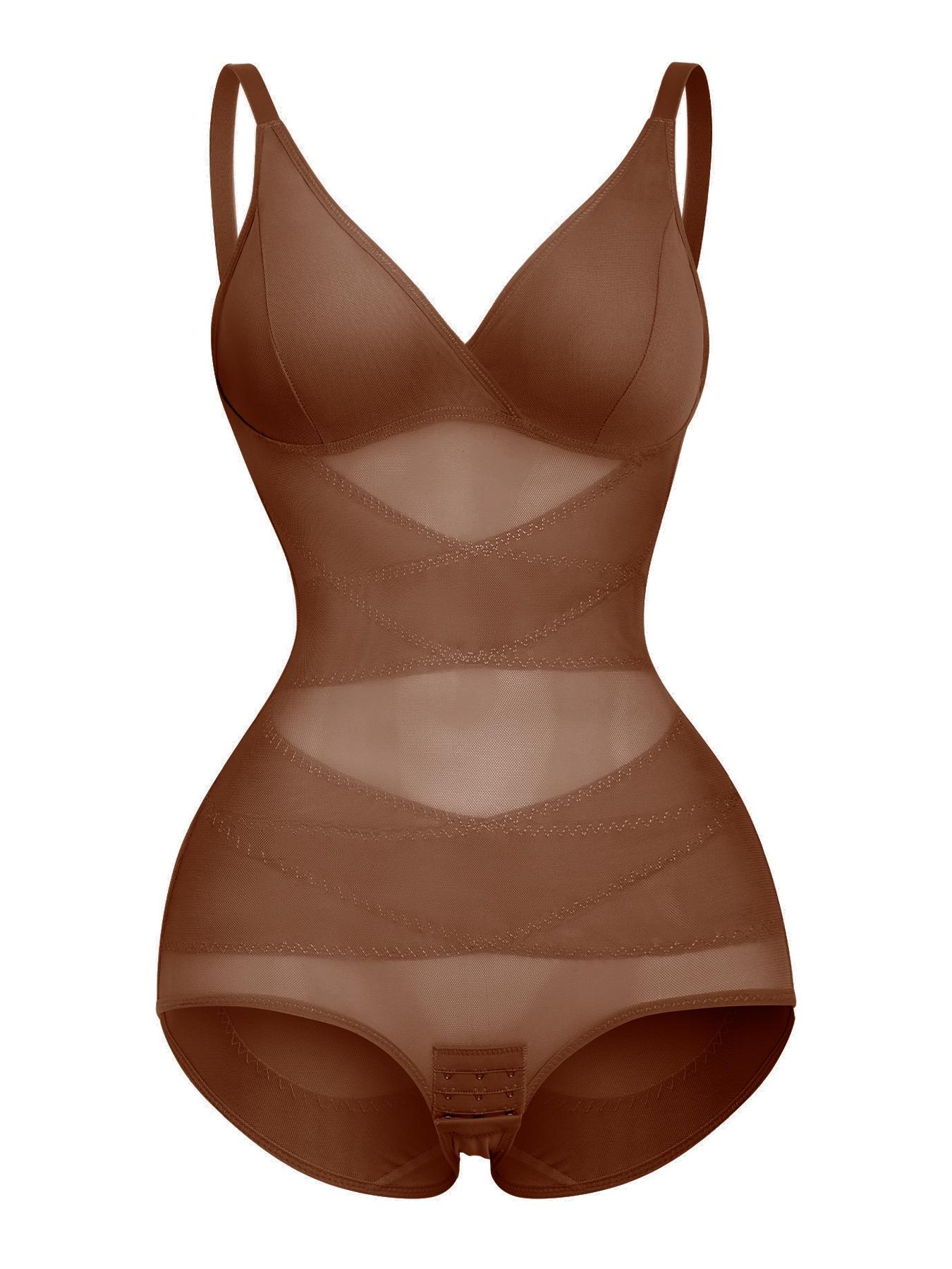 Women's Sheer Mesh Bodysuit High Elastic Breathable Fabric V Neck Full Body Shaping Underwear, Casual All Season Wear, Shapewear