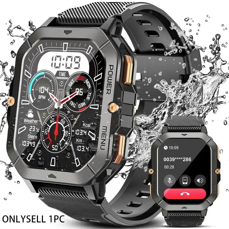 Men's Smart Watch C28: 2.02 inches, military design, supports calls, 5 ATM water resistance, can monitor heart rate/blood oxygen/sleep/step count, over 100 sports modes, compatible with Android/iOS systems, Waterproof Smartwatch
