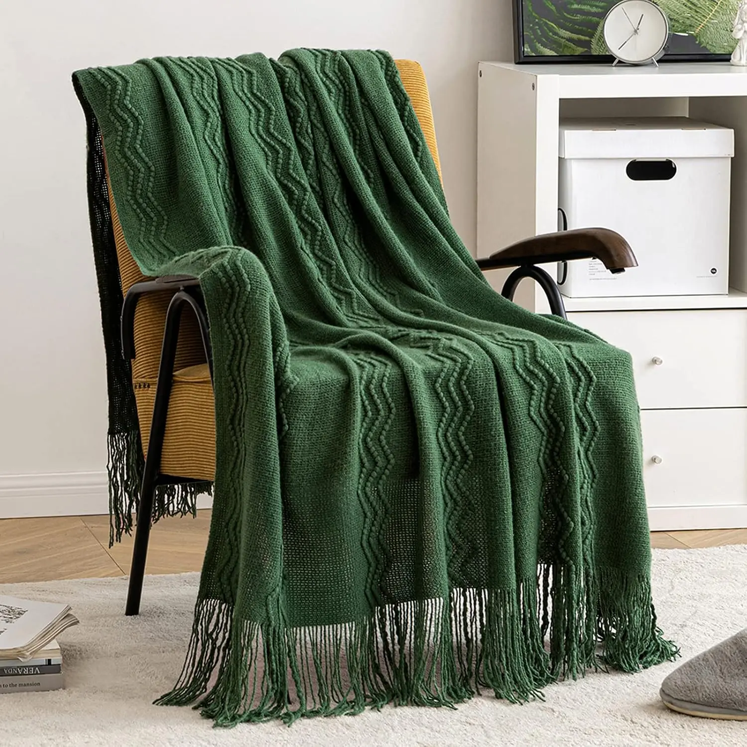 Dark Green Knitted Boho Throw Blanket for Couch 50"x60" | Textured Cozy Woven Blanket with Tassels for Sofa Chair Bed Living Room, Decorative, Lightweight,   Decor