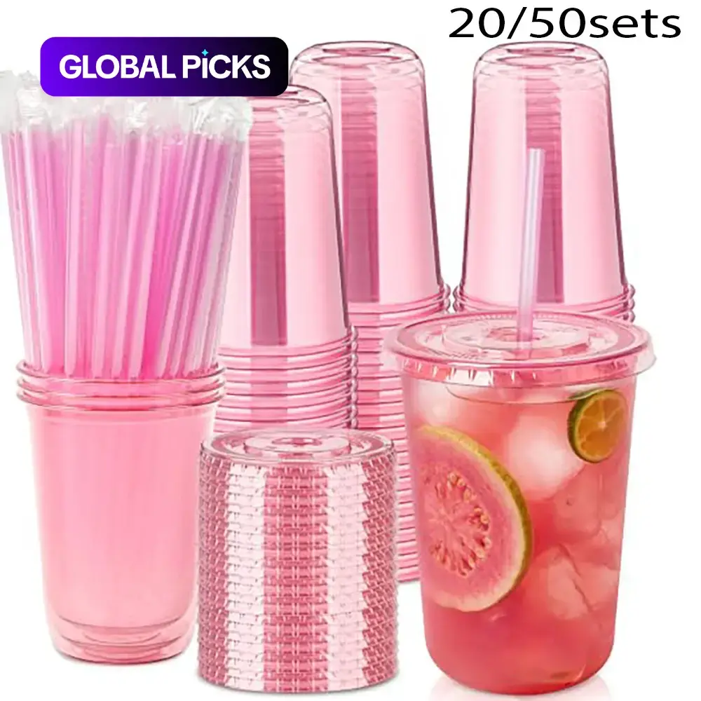20/50 Sets 16oz Plastic Party Cups with Lids and Straws, Disposable Iced Coffee Cups, Round Bottom Drinking Cups #GLOBAL PICKS